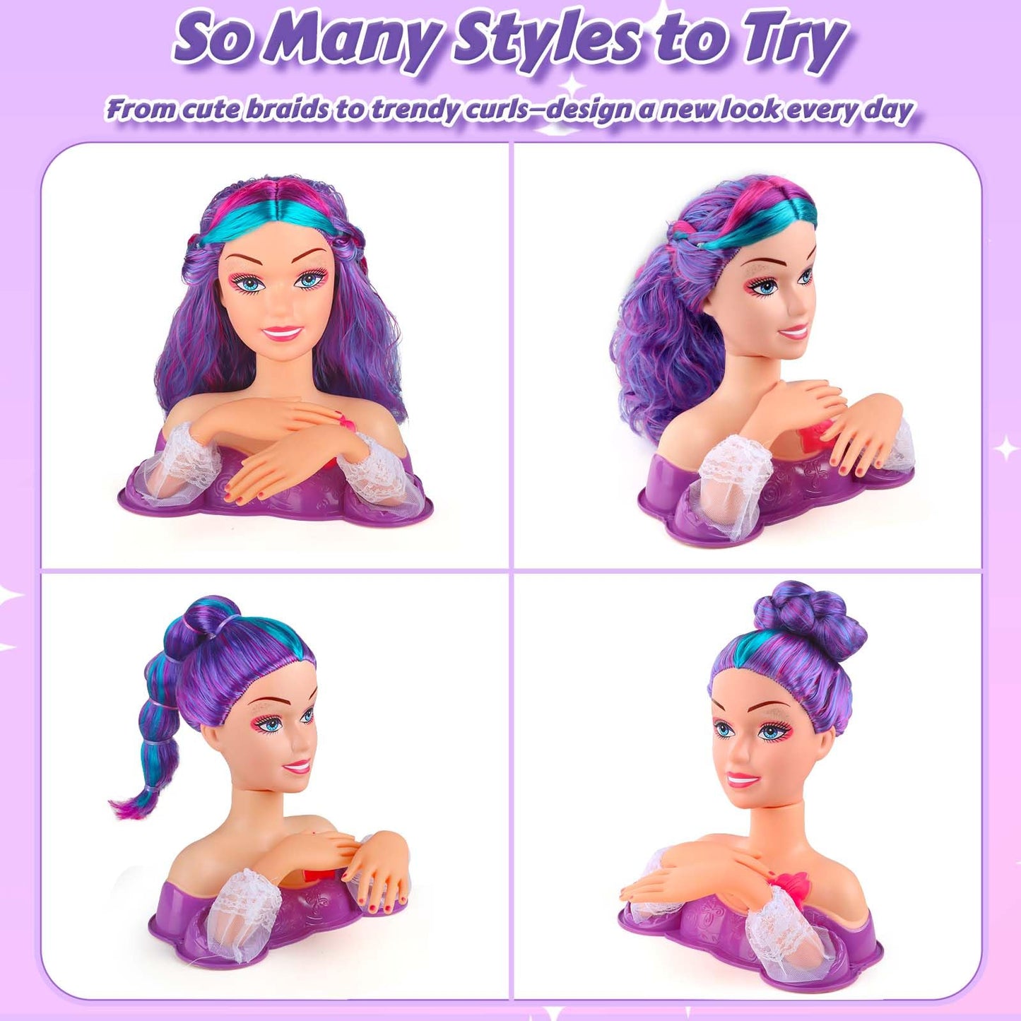 Princess Hair Styling Doll Head Makeup Kit for Girls- Purple & Teal Two-Tone Wavy Hair Salon Set with 20+ Accessories - Makeup & Braiding Playset