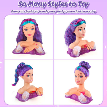 Princess Hair Styling Doll Head Makeup Kit for Girls- Purple & Teal Two-Tone Wavy Hair Salon Set with 20+ Accessories - Makeup & Braiding Playset