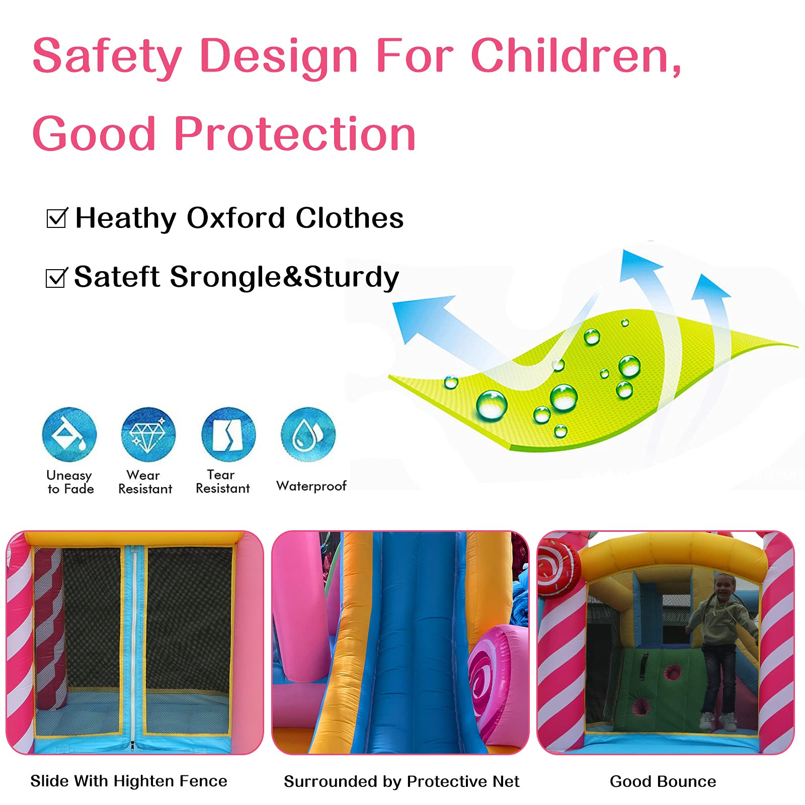 Inflatable Water Slide Bounce House for Kids,Candy Style,Bouncy Castle W/Air Blower, Splash Pool, Climbing Wall, Water Cannon, 840D Oxford, Birthday