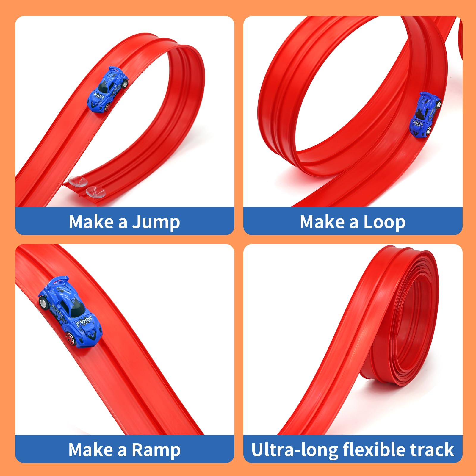 20ft Build Anywhere Portable Race Track with Suction Cups - Flexible Roll-Up Design Fits 1/64 Scale Cars, Portable Toy Gift for Kids 4+ Year Old