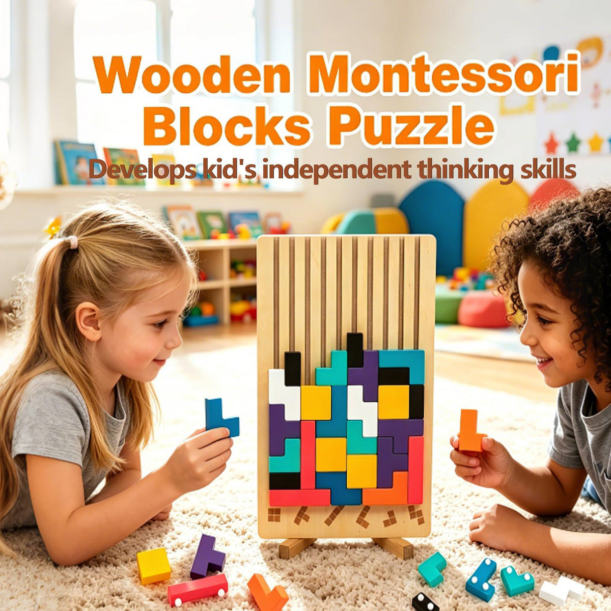Wooden Stacking Toys 3D Puzzles - Russian Brain Pattern Blocks with Cards & Bag - Montessori Toys for 3-8 Year Old, Color Stack Game Board