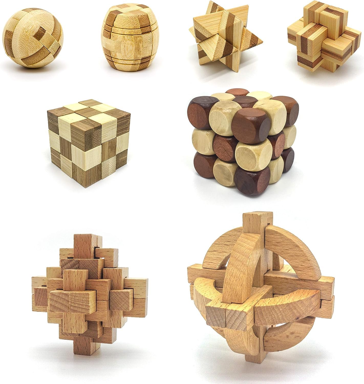 PicassoTiles 8 Styles Interlocking Sensory Toys Wooden Burr Cube, Ball and Barrels Logic Skill Genius Puzzle Brain Teaser Games & Intellectual 3D
