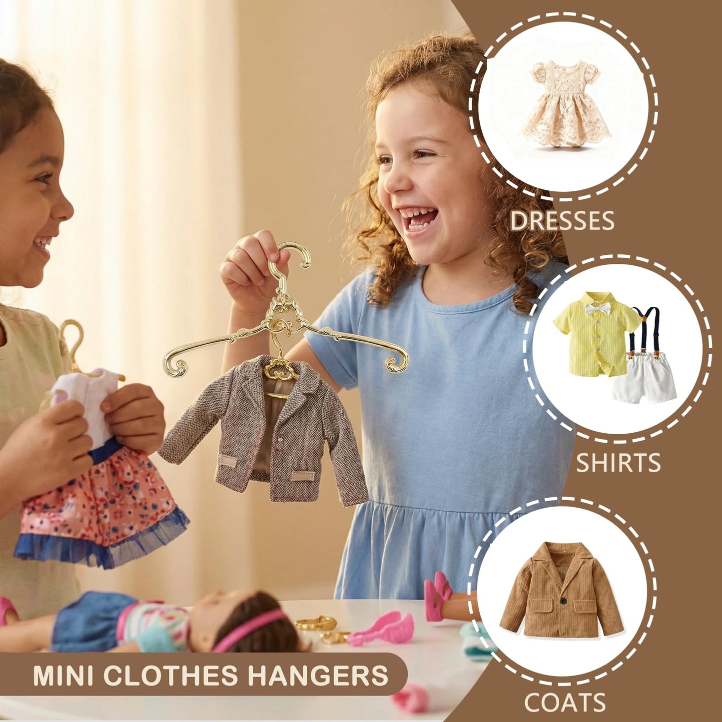10Pcs Mini Metal Hangers for Doll Clothes, 2.56" Tiny Hangers for Barbie, WellieWishers, Small Doll Wardrobe Organization, Display & Storage Rose Gold