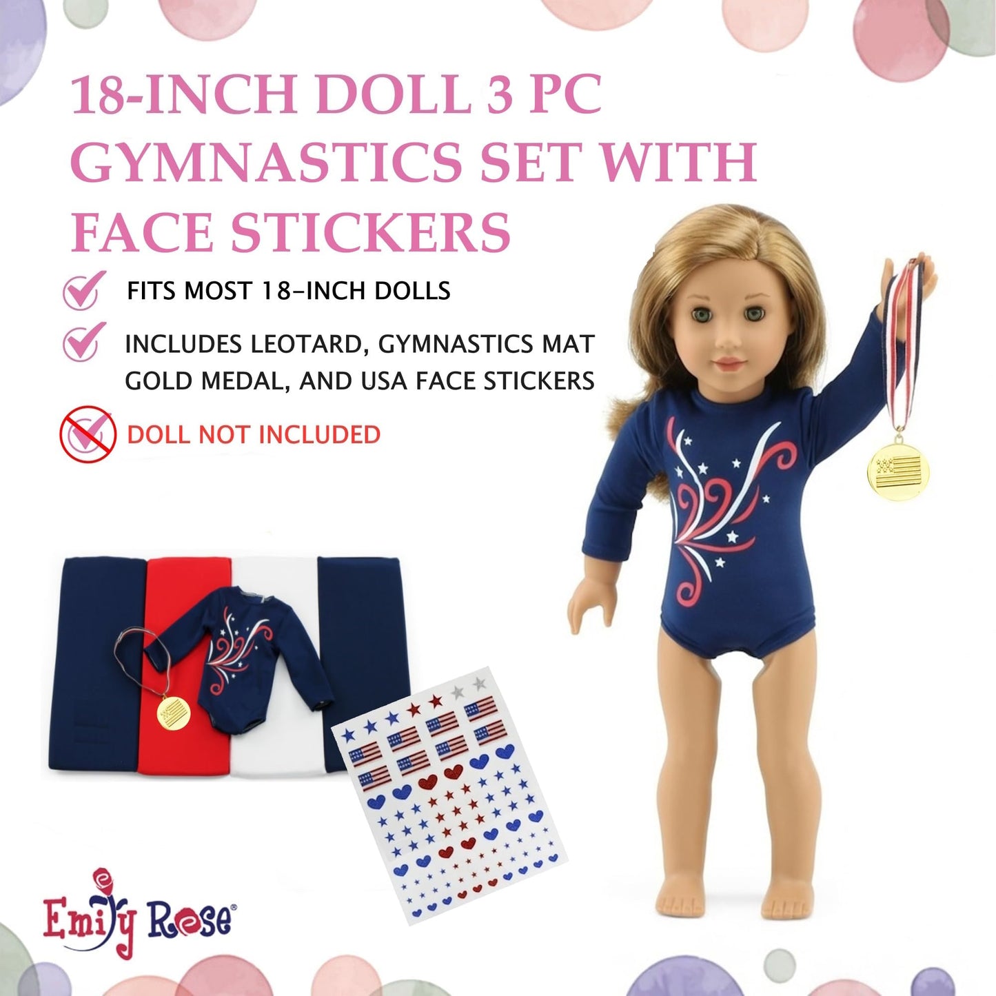 18 Inch Doll Gymnastics Outfit with Tumbling Mat - Emily Rose 4 Piece Gymnast Playset for American Girl Dolls, Includes Leotard, Gold Medal & Face