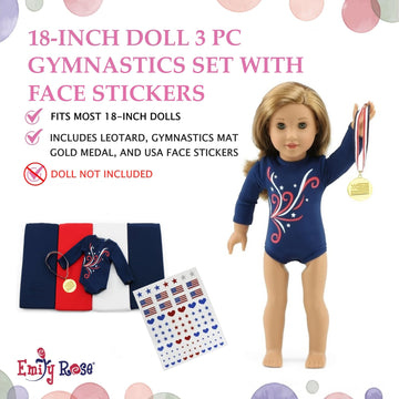 18 Inch Doll Gymnastics Outfit with Tumbling Mat - Emily Rose 4 Piece Gymnast Playset for American Girl Dolls, Includes Leotard, Gold Medal & Face