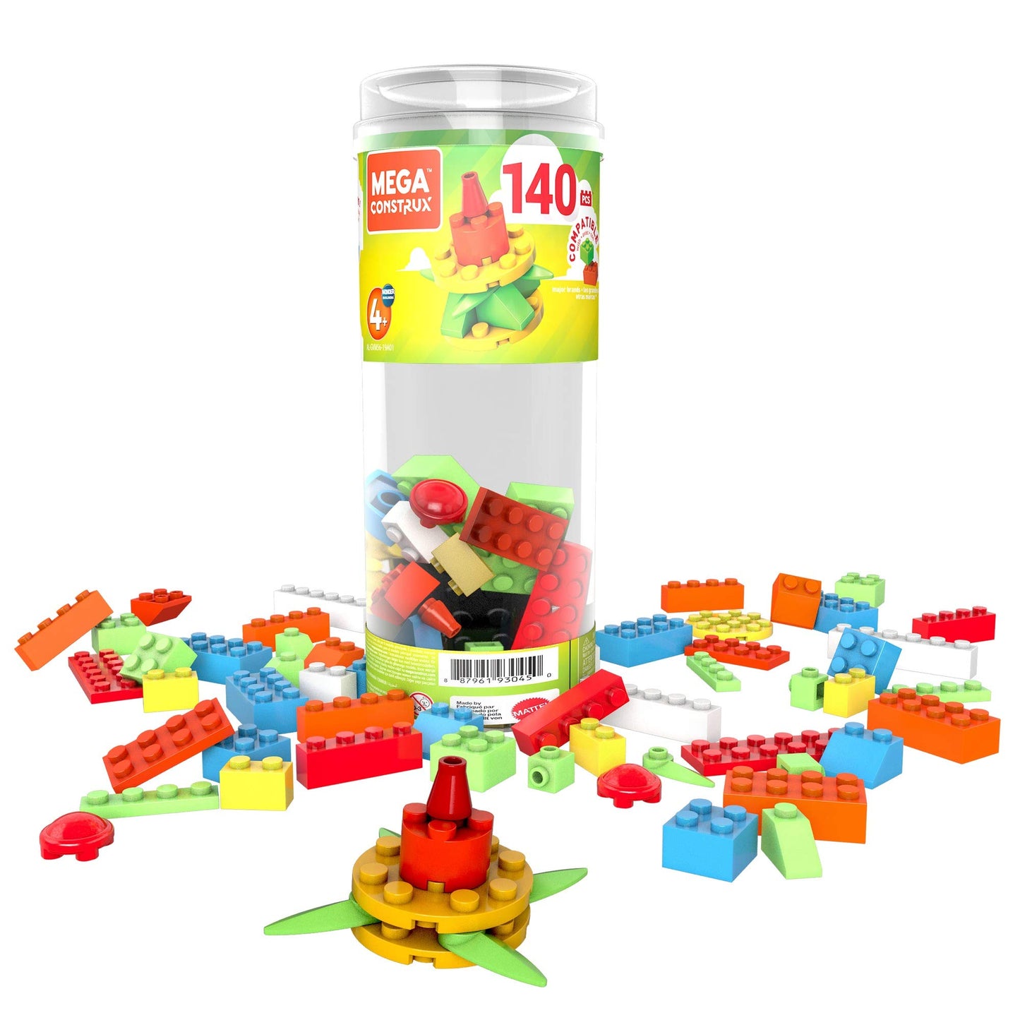 MEGA Construx Kids Blocks Toy Set, Open-Ended Building Bricks Tube with 140 Pieces in Fluorescent Colors, Ages 4+ Years