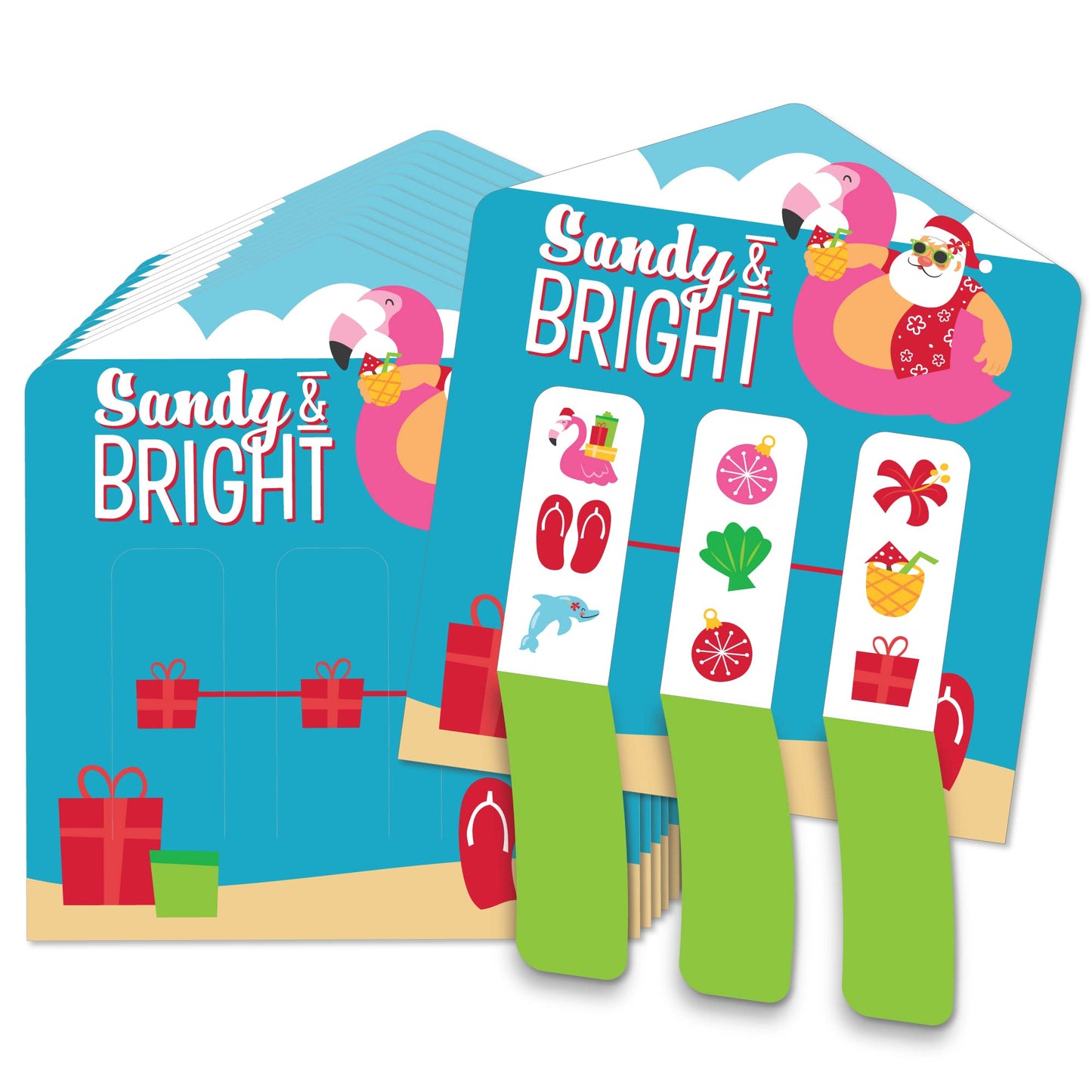 Big Dot of Happiness Tropical Christmas - Beach Santa Holiday Party Game Pickle Cards - Pull Tabs 3-in-a-Row - Set of 12