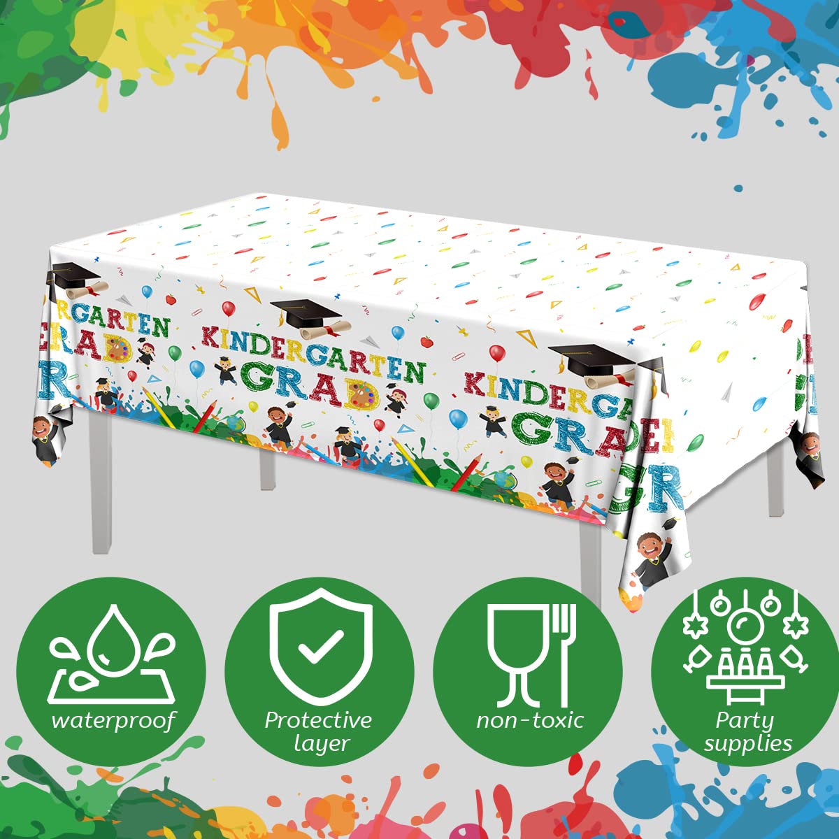 CMUSKO Happy Kindergarten Graduation Tablecloth Decorations- 3PCS Kindergarten Congrats Grad Colourful Waterproof Plastic Table Cover for 2026