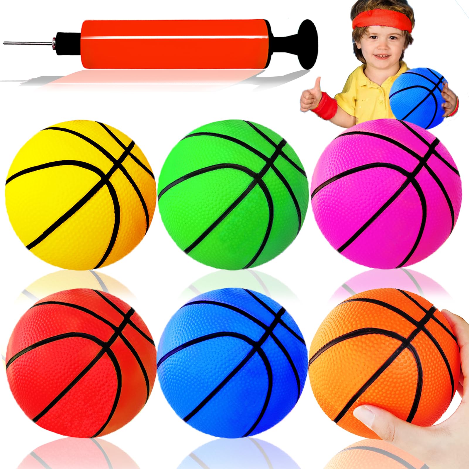 6Pcs 5Inch Mini Toy Basketballs,Colorful Rubber Inflatable Basketball with Pump for Toddlers Kids Pool,Basketball Hoop,Beach Sports Game,Party Favor