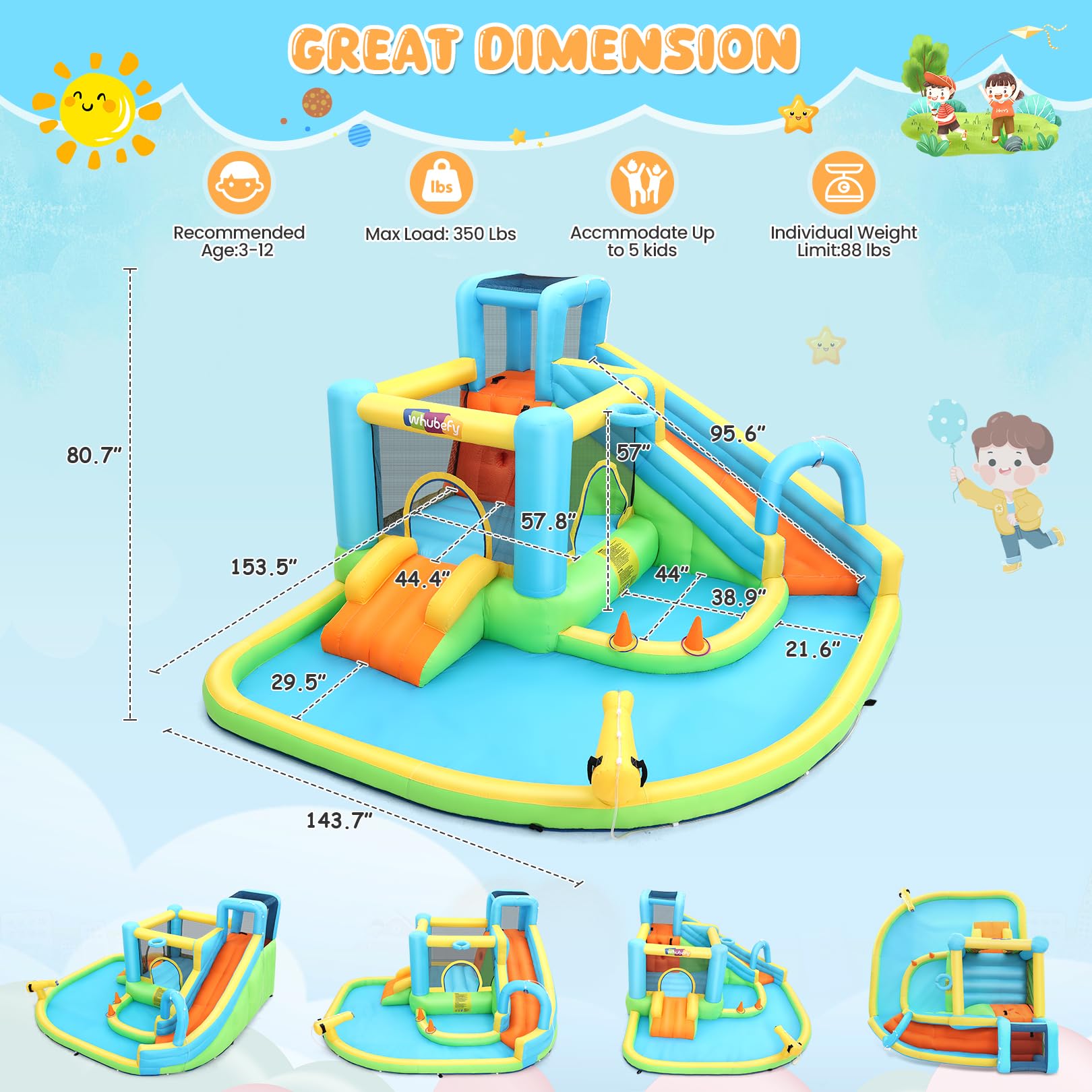 Whubefy Inflatable Water Slide Bounce House, 12.8x12Ft Water Bouncy House w/ 2 Slides/Jumping Area/Catch Ball/Ring Toss Game & 10 Accessories