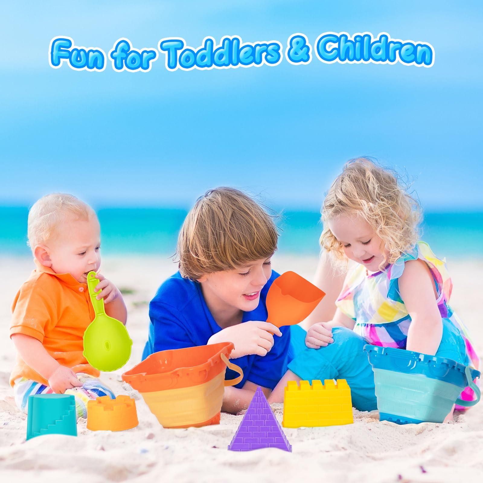 HUGCATY Beach Toys, Collapsible Sand Toys - 9pcs Sand Castle Building Kit: Foldable Sand Buckets, Shovels, Castle Molds & Packable Mesh Bag - Sandbox
