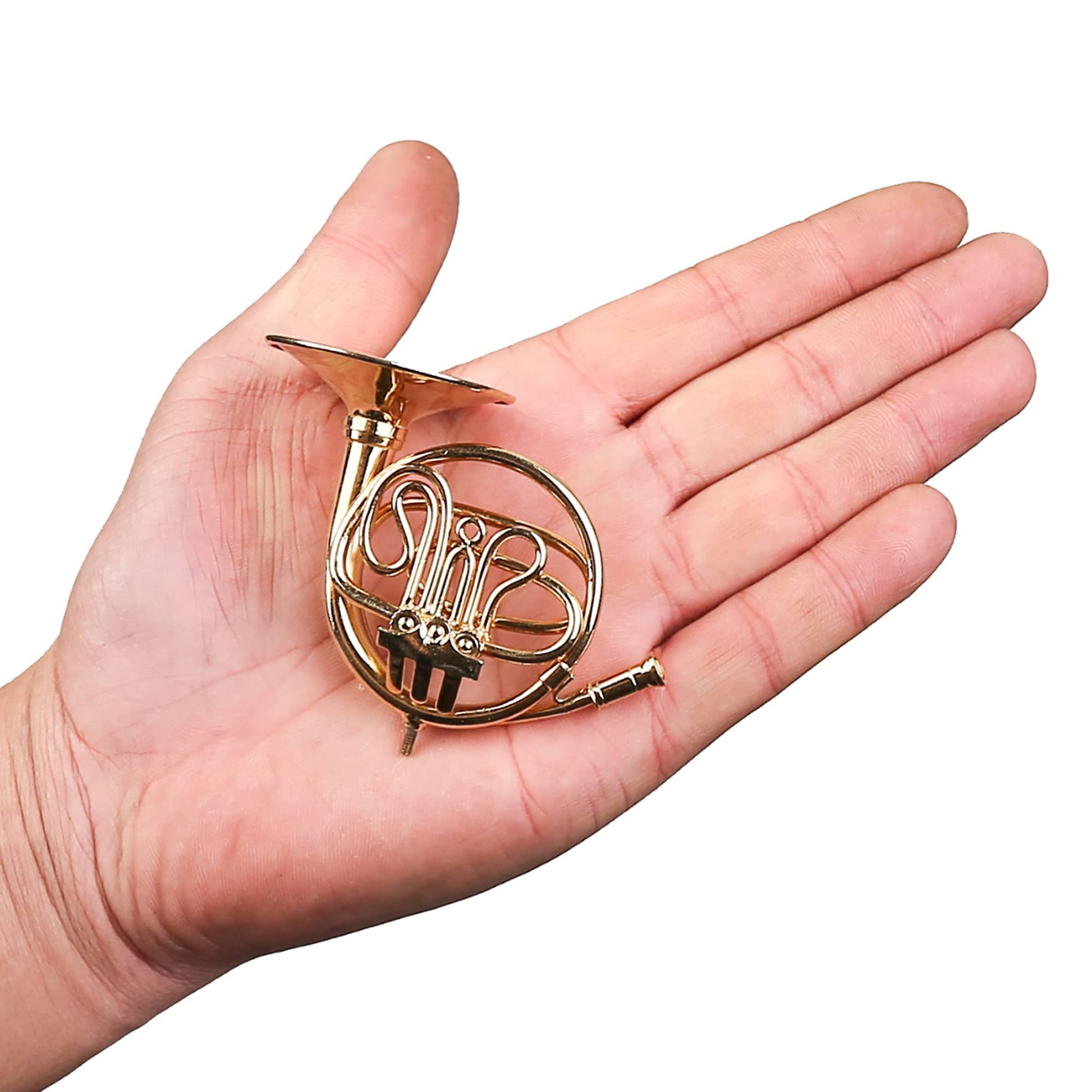 Dselvgvu Miniature French Horn with Stand and Case Brass Mini Musical Instrument French Horn Replica Collectible Figurines Dollhouse Accessories Model