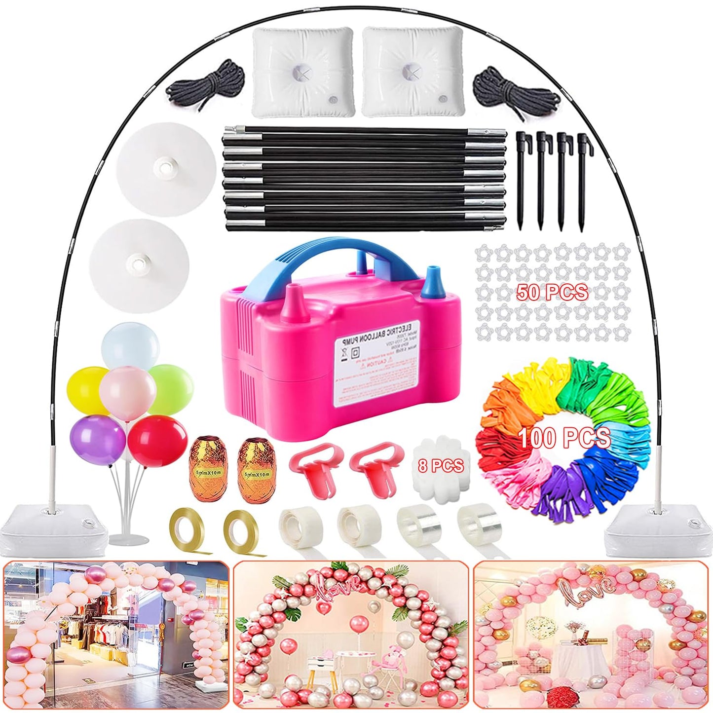 Balloon Arch Kit and Balloon Pump, 9Ft Tall & 10Ft Wide Adjustable Balloon Arch Stand Kit with Electric Pump, Balloons and Accessories for Birthday