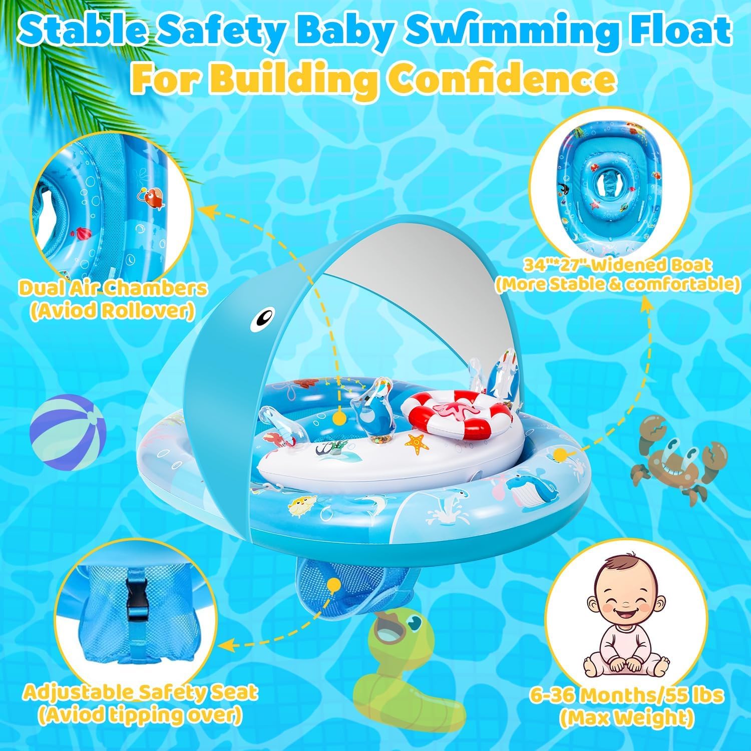 Baby Pool Float with Canopy, Baby Swim Float with UPF50+ Sun Canopy
