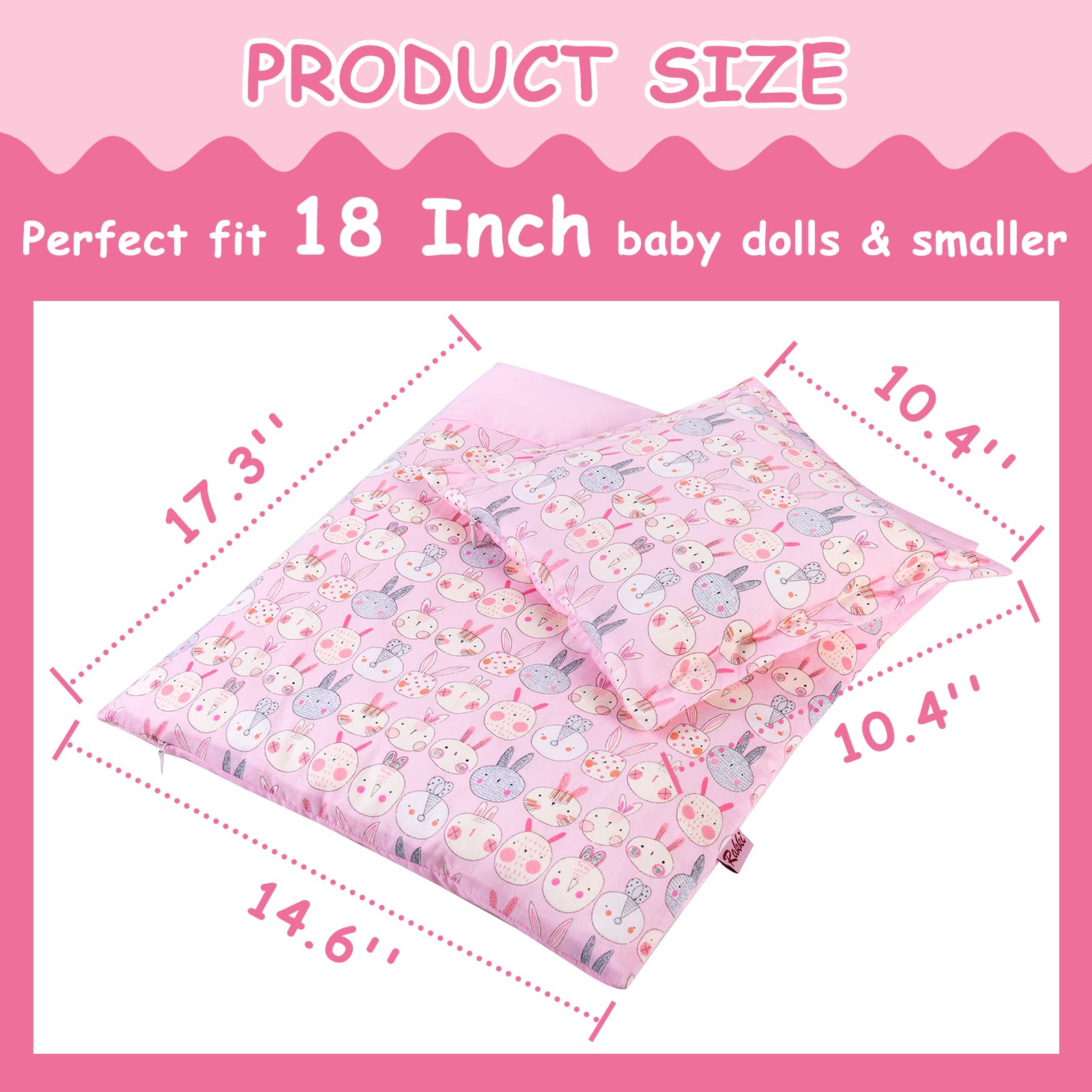 Pink Rabbit Print Doll Bedding Set - Mattress, Pillow & Blanket for 18 Inch Dolls - Includes 1 Mattress, 1 Pillow, 2 Blankets - Cute Doll Accessories