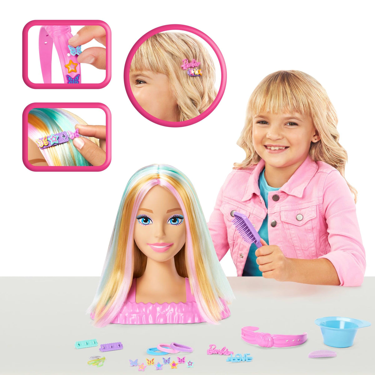 Barbie Doll Styling Head, Blonde Hair with 20+ Hair Styling Accessories Including Star & Butterfly Color Change Hair Clips