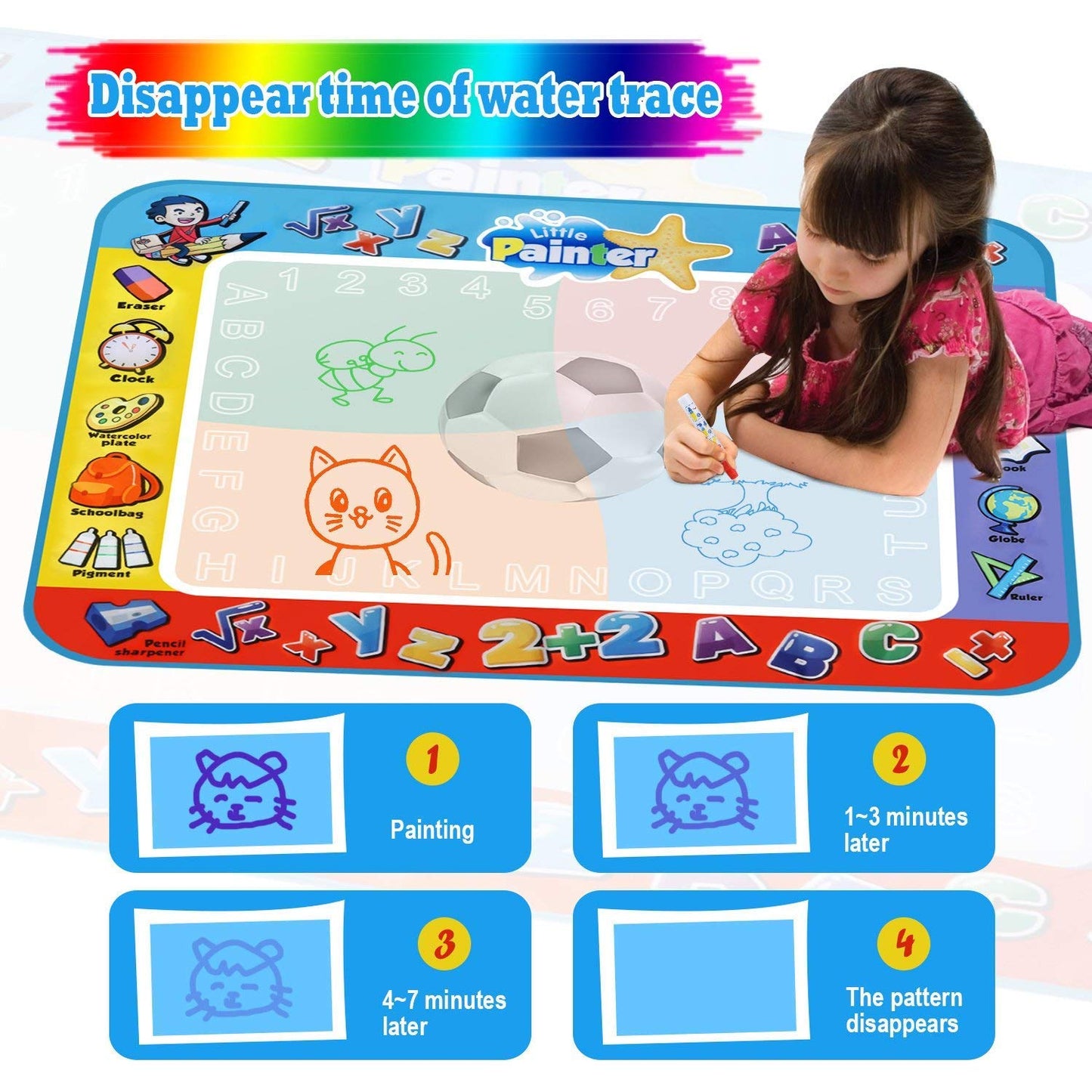 Alago Aqua Coloring Mat,Kids Toys Large Water Painting Mat,Toddlers Doodle Pad with 4 Colors,Gifts for Girls Boys Age 3 4 5+ Years Old,4 Pens,Drawing
