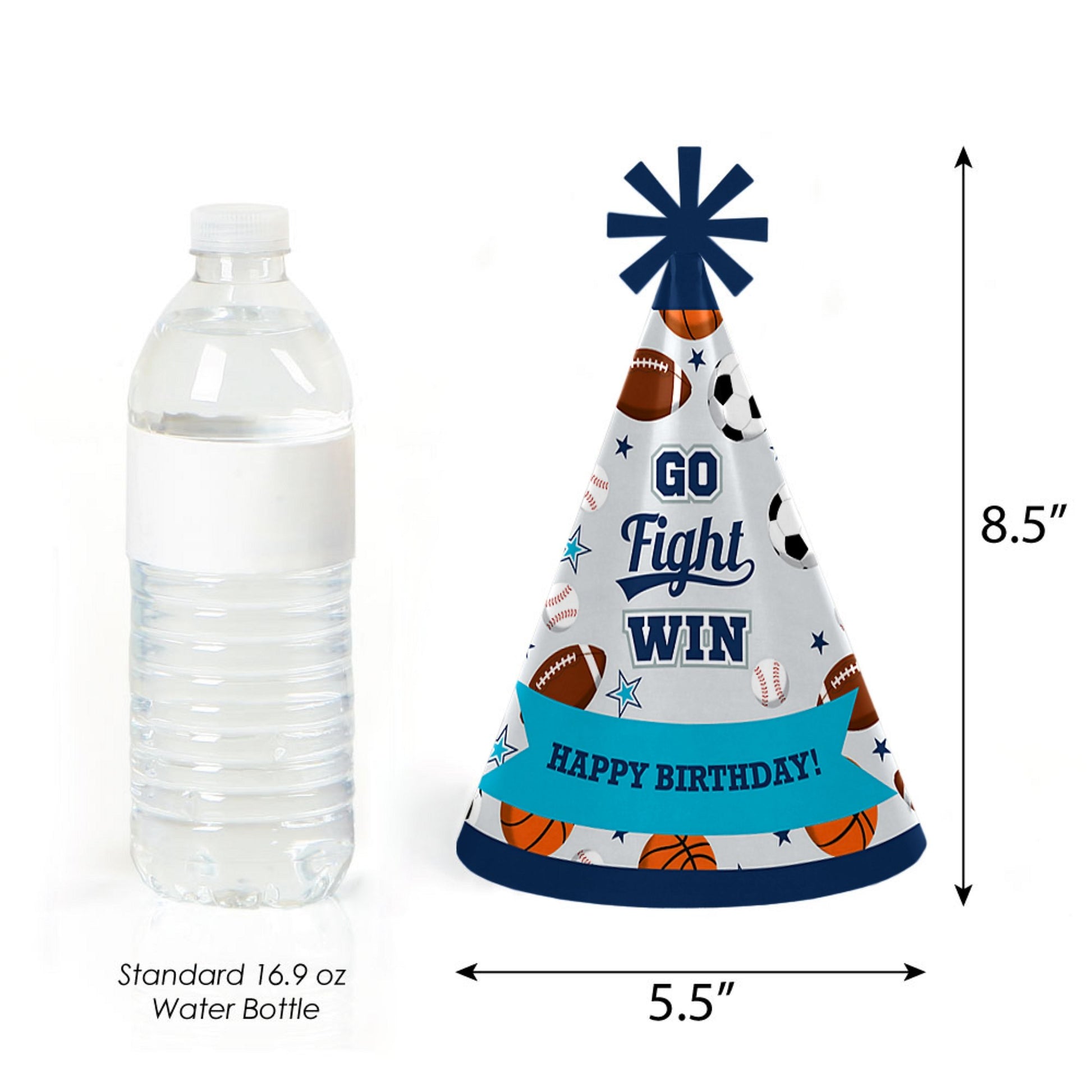 Big Dot of Happiness Go, Fight, Win - Sports - Cone Happy Birthday Party Hats for Kids and Adults - Set of 8 (Standard Size)