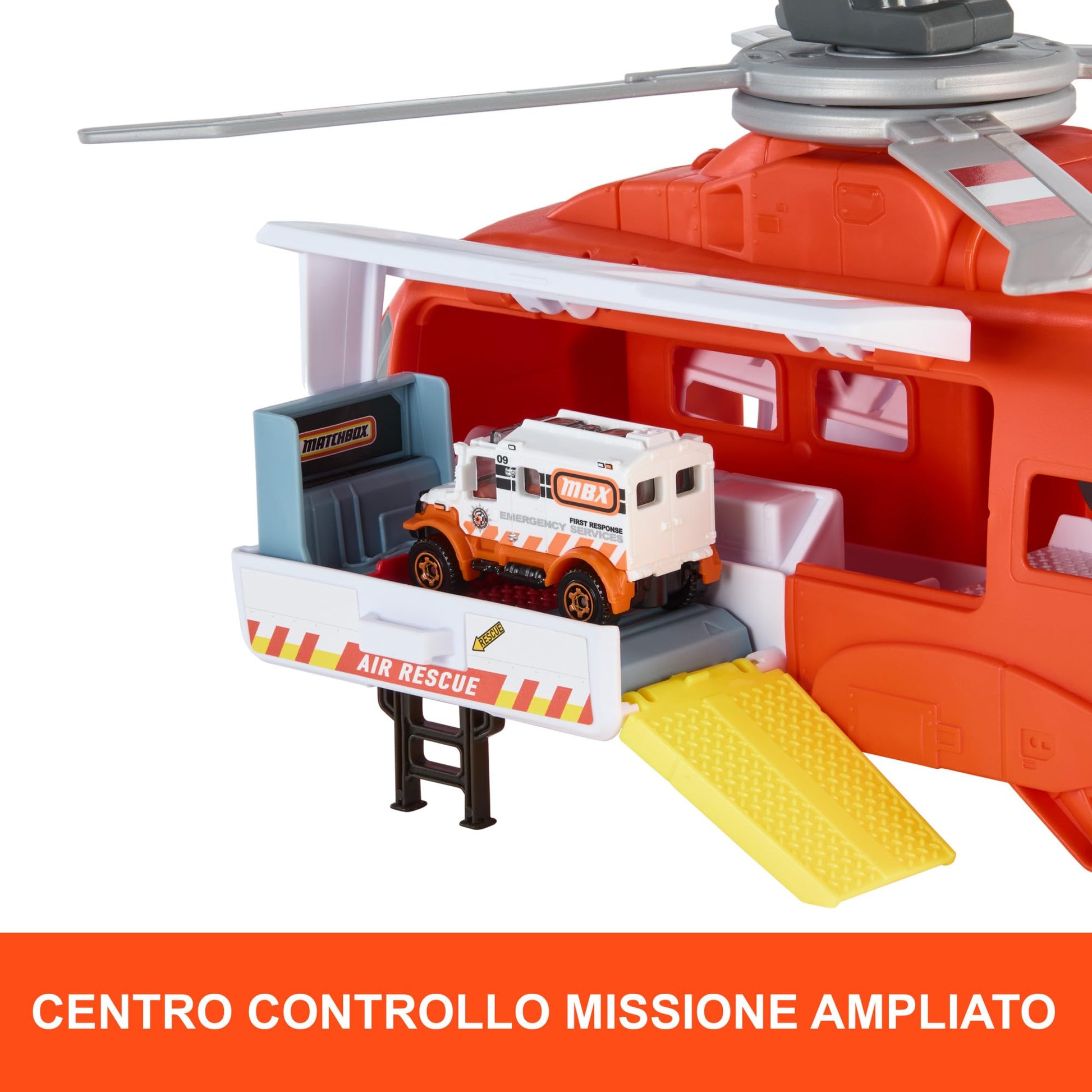 Matchbox Emergency Helicopter Vehicle & Game Set, Large 16" Helicopter Transformable to Rescue Station, Hand Operated Propellers, with 1/64 Scale