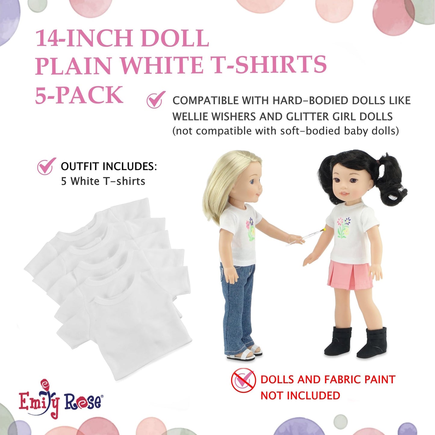 Emily Rose 14.5 Inch Doll Clothes 5-Pack Bright White T-Shirts - Gift Boxed | USA Brand | Great Crafting Girl Kid Party Activity | Plain Tees Fit 14”