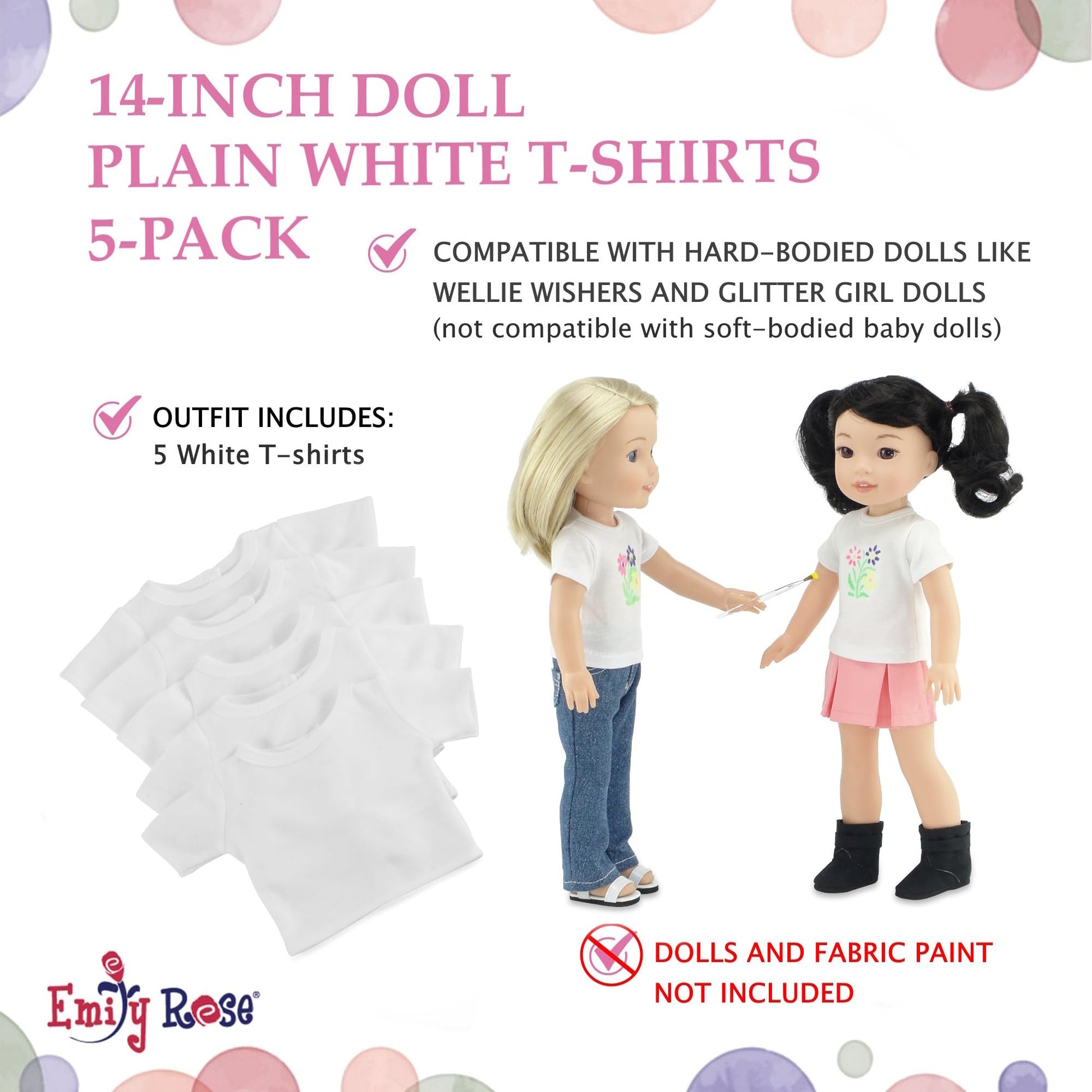 Emily Rose 14.5 Inch Doll Clothes 5-Pack Bright White T-Shirts - Gift Boxed | USA Brand | Great Crafting Girl Kid Party Activity | Plain Tees Fit 14”
