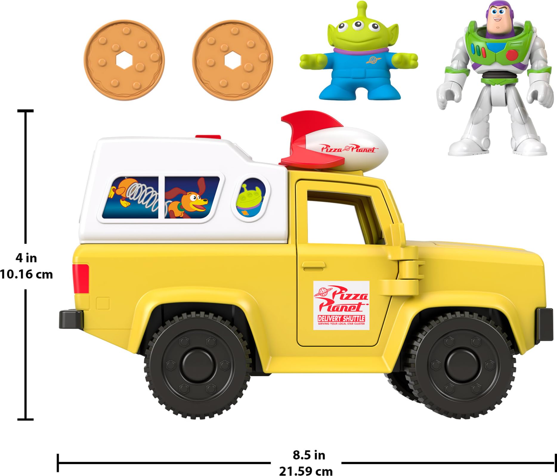 Fisher-Price Imaginext Disney and Pixar Toy Story Pizza Planet Truck with 3-inch Buzz Lightyear & Alien Friend Action Figures, Toy Vehicle & Pizza