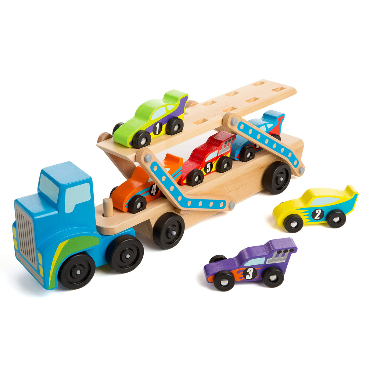 Melissa & Doug Mega Race-Car Carrier - Wooden Tractor and Trailer with 6 Unique Race Cars