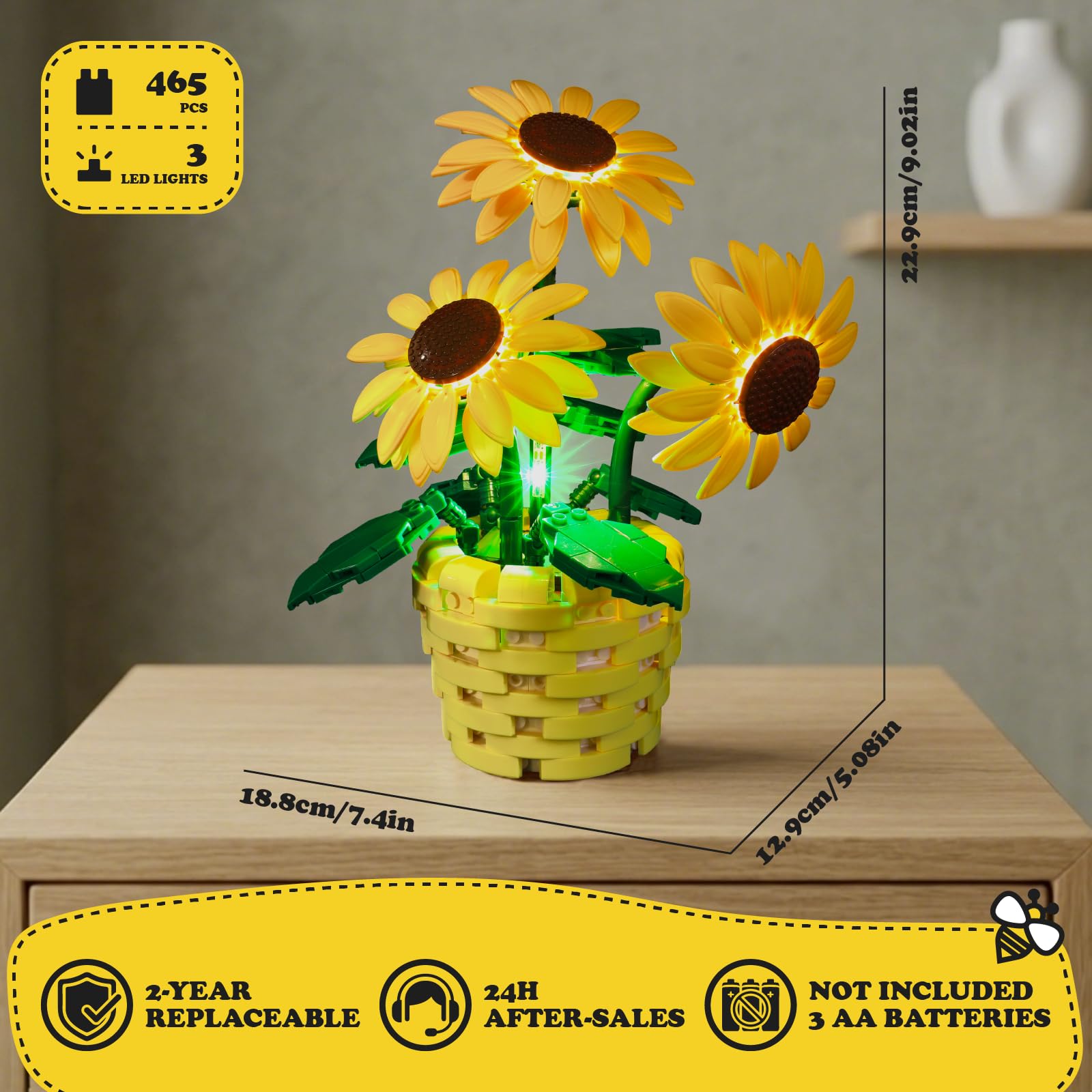 Sunflower Building Set with Motion Sensing LED Light- 465 PCS Botanical Collection Potted Plant Compatible with Lego, Artificial Flower Blocks