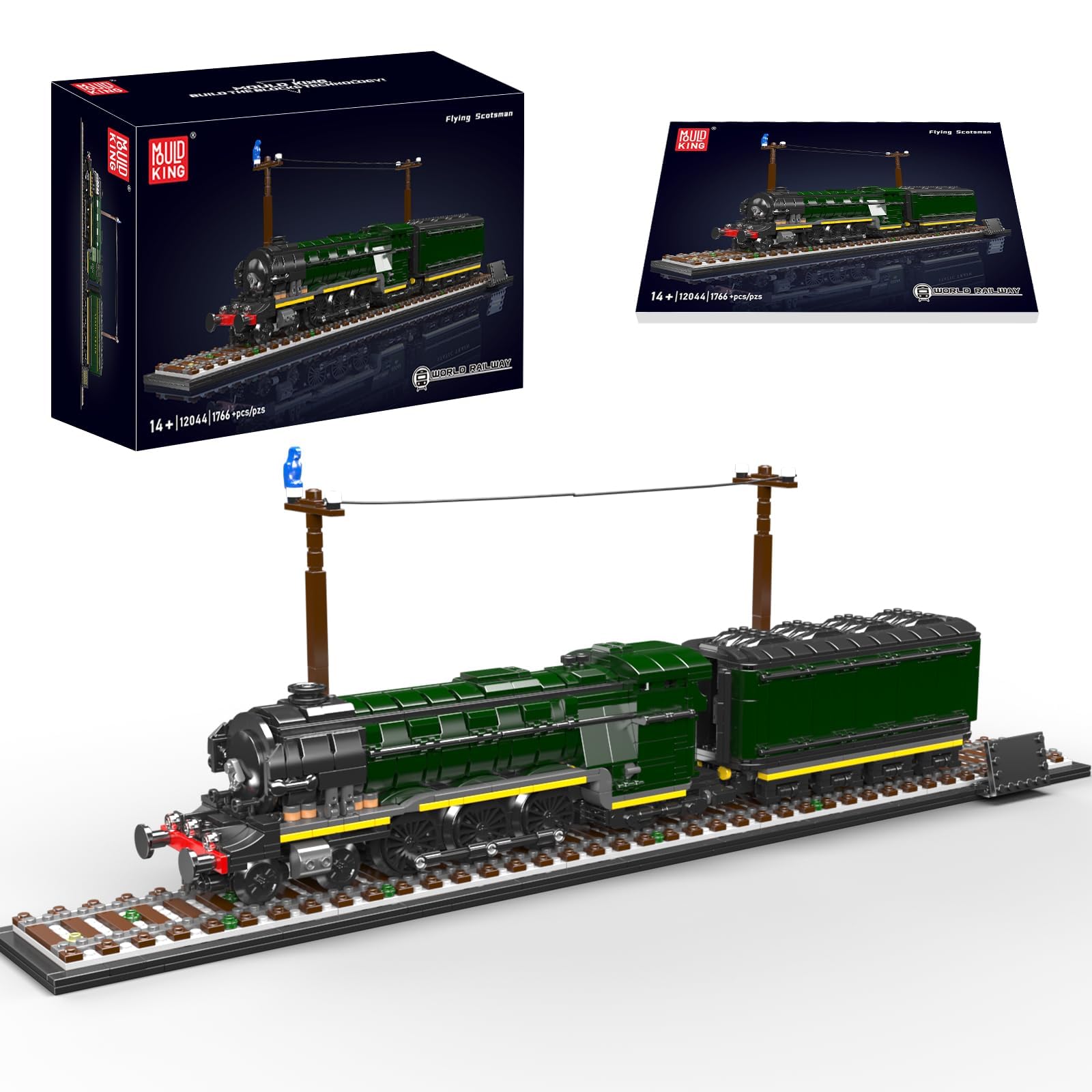 Mould King 12044 Flying Scotsman Steam Locomotive Model Building Kit, 1766+ Pieces Large Scale Train Set with Display Tracks and Freight Car, Assembly