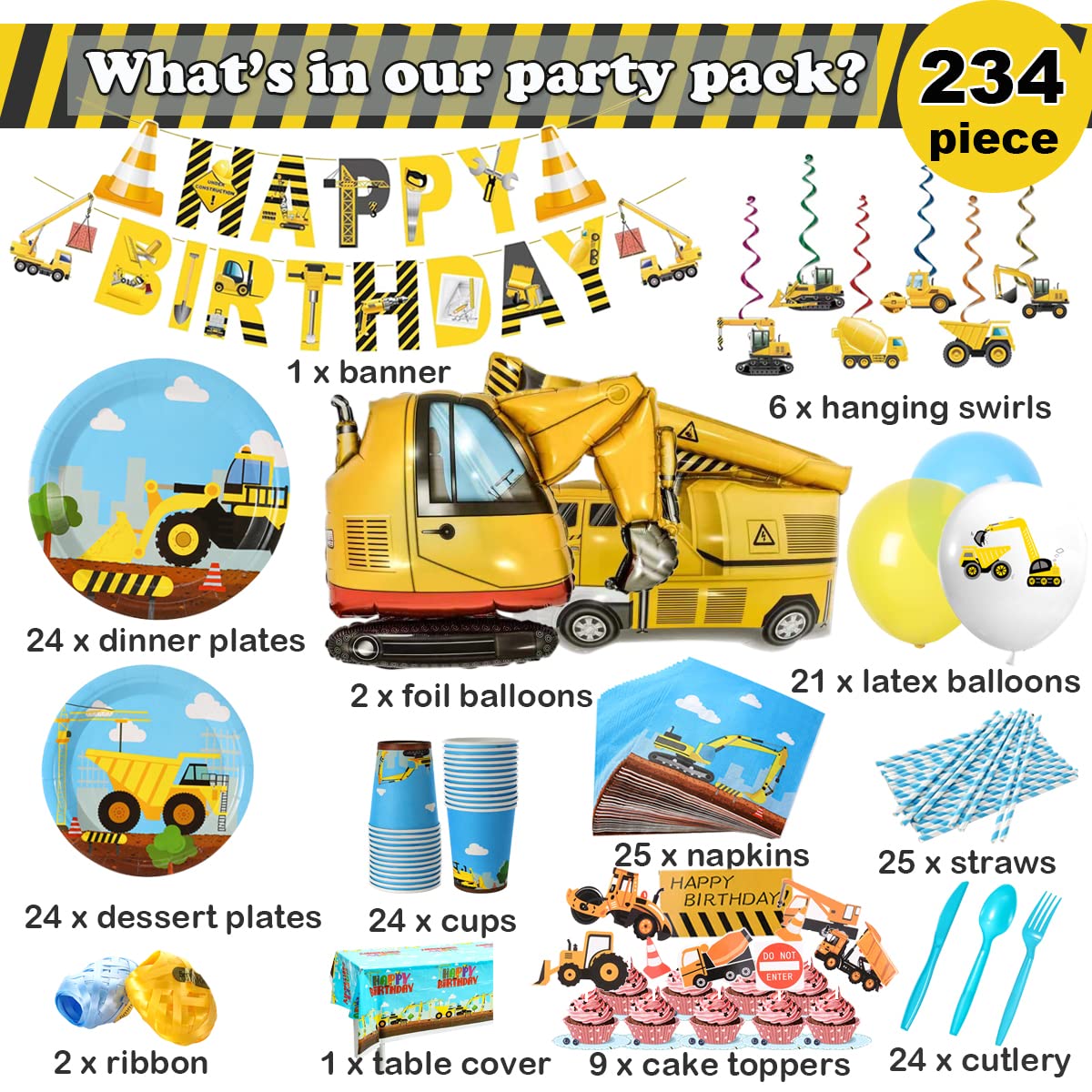 Construction Birthday Party Supplies Set For Boys - 24 Guests - Dump Truck And Tractor Party Decorations, Paper Plates Cups Napkins Straws Balloons