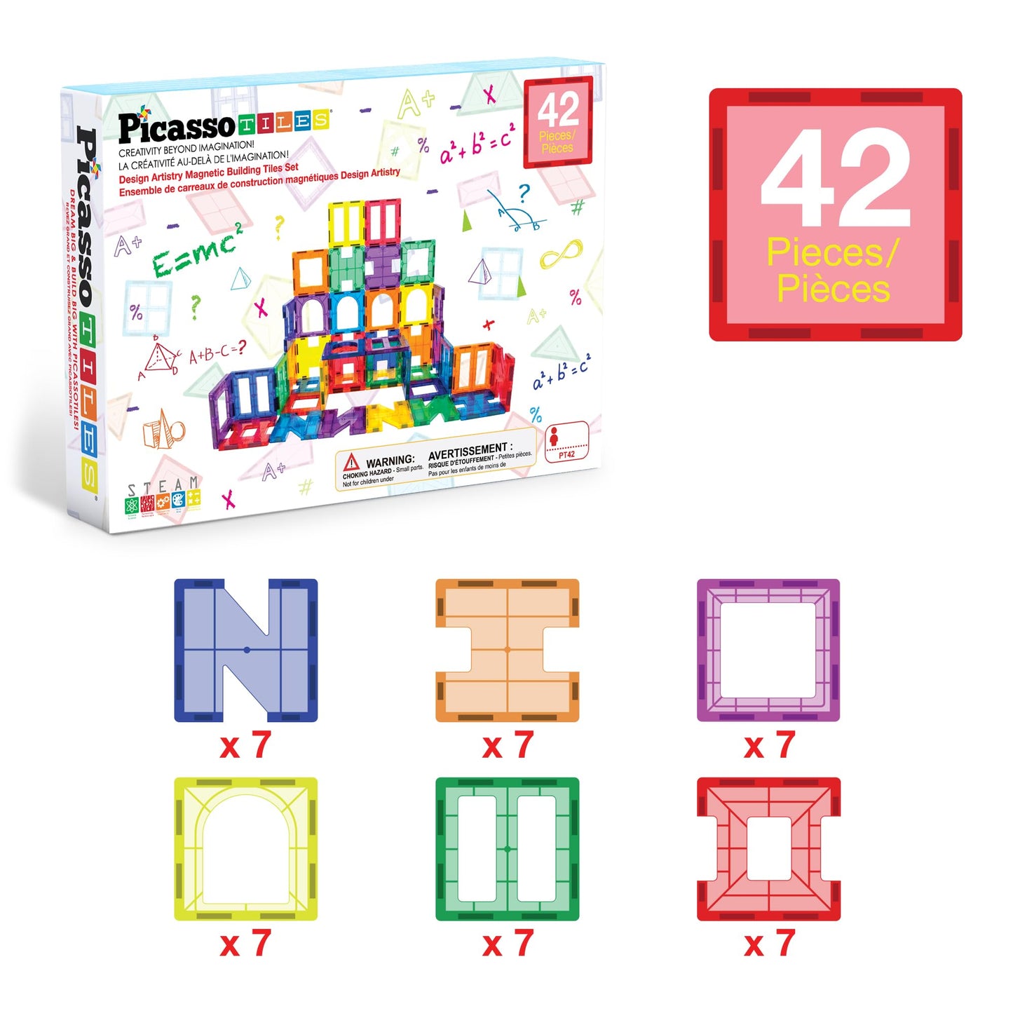 PicassoTiles 42pcs Magnetic Tiles Magnet Blocks See-Through Shape STEM Toys Building Block Educational Playset Compatible with Major Brand Tile
