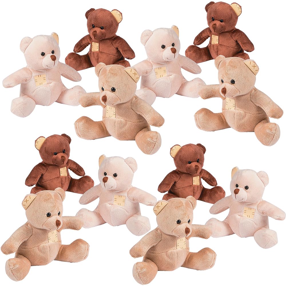 Fun Express - Suede-Like Patchwork Plush Bears - Toys - Plush - Bean Bag Animals - 12 Pieces