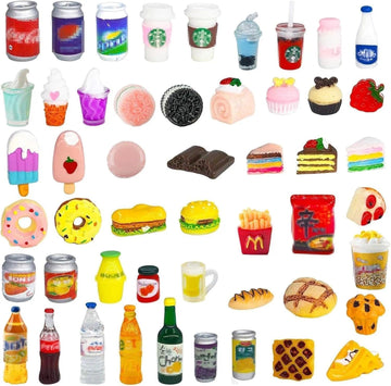 50 Pcs Miniature Food Drink Bottles Soda Pop Cans Pretend Play Kitchen Game Party Accessories Toys Hamburg Cake Ice Cream for 1/12 Doll House