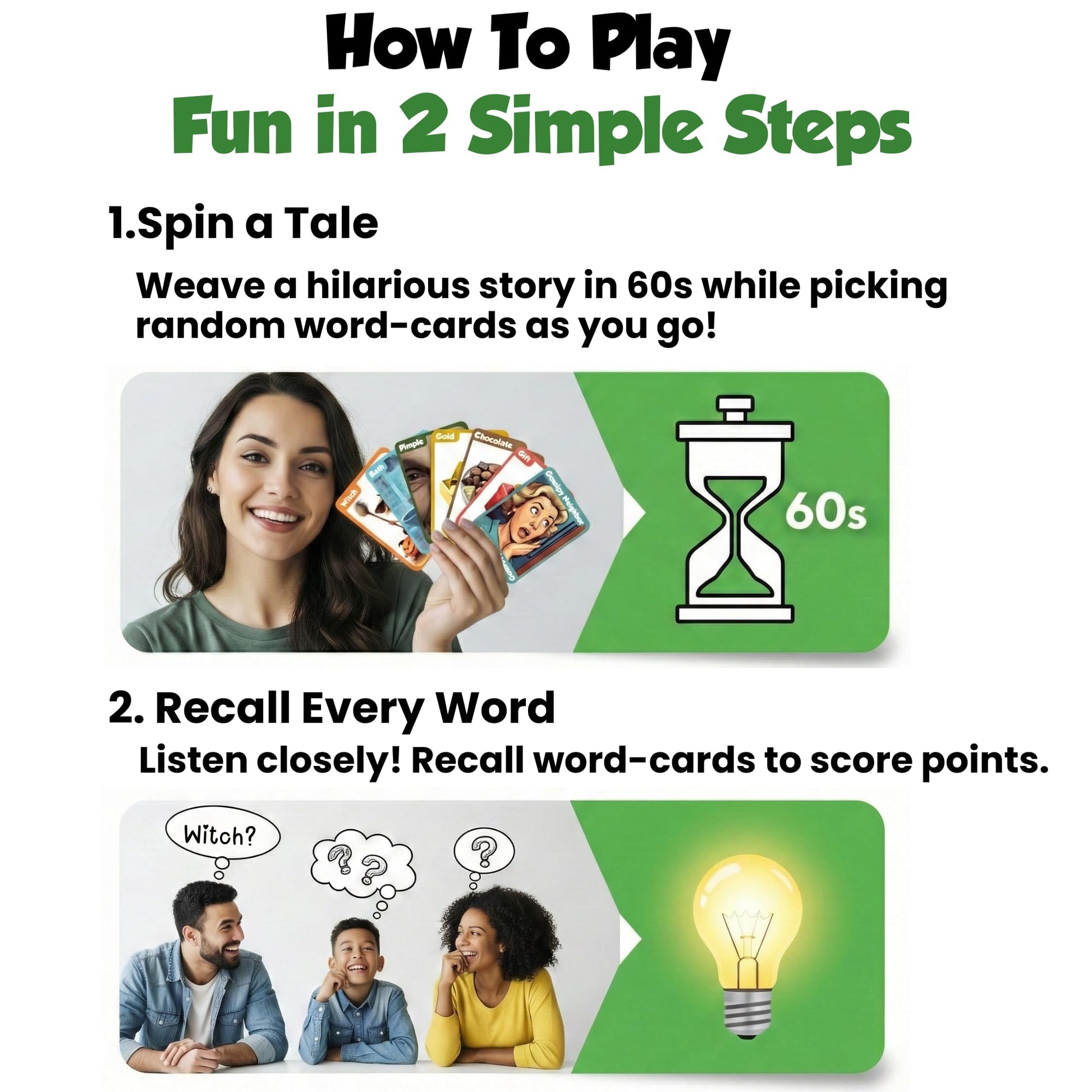 TaleOrMem - Award-Winning Improv Game for Adults & Kids. A creative mix of tall tales story telling game and recall skills. Contains 180 Story Telling