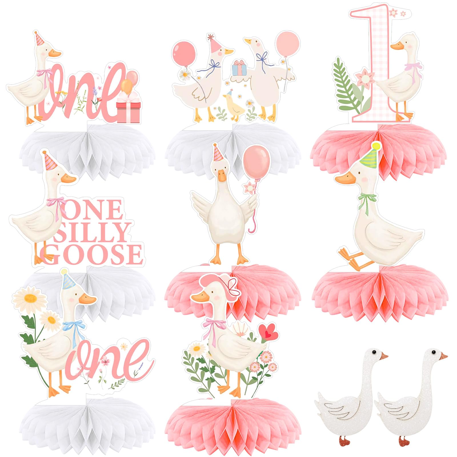 18 Pcs One Silly Goose Birthday Decorations,Silly Goose Birthday Honeycomb Centerpieces Pink Ballerina Birthday Centerpieces Table Decor for 1st