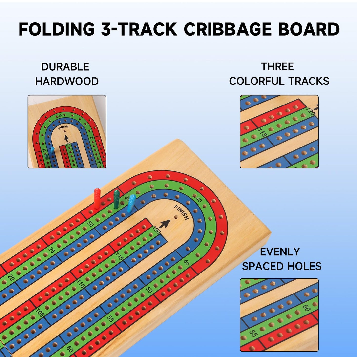 GSE Games & Sports Expert Wooden Folding 3-Track Color Coded Travel Cribbage Board with 6 Plastic Pegs, Wooden Travel Portable Cribbage Board Game Set
