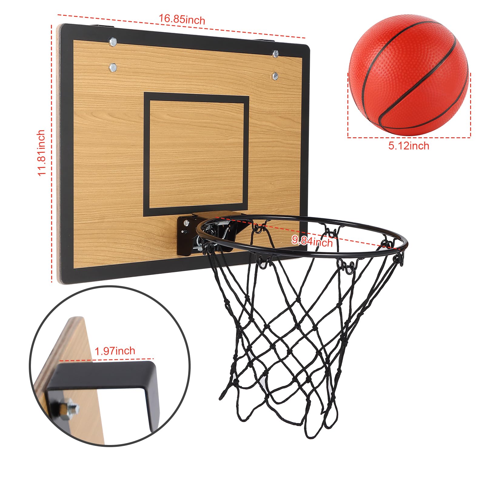 EZFXHD WTER Mini Basketball Hoop for Kids,Durable Wooden Over The Door Basketball Hoop Indoor,Mini Hoops with 4 Balls and Pump for Teens and Adults
