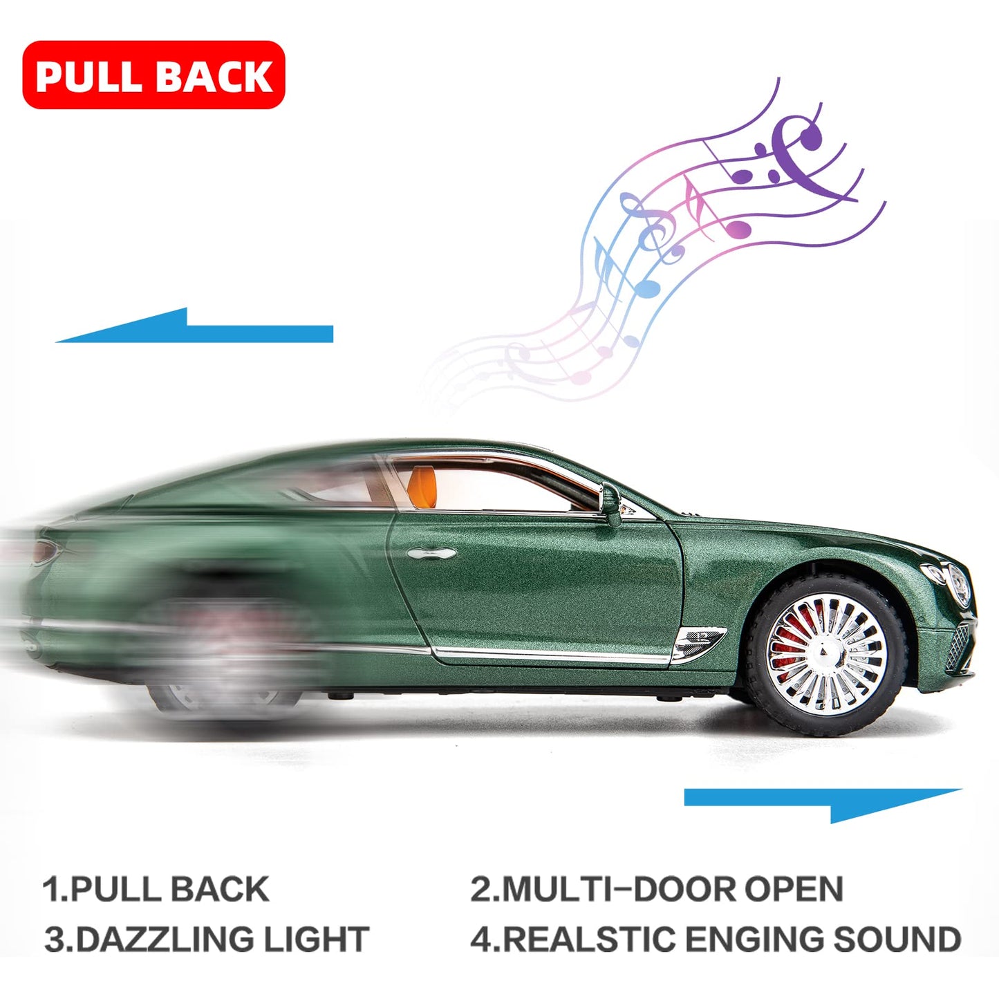 WAKAKAC Toy Car Compatible for 1/24 Bentley Continental GT Model Car Alloy Diecast Collectible Pull Back Car Toy Door Can Be Opened for Boys Girls
