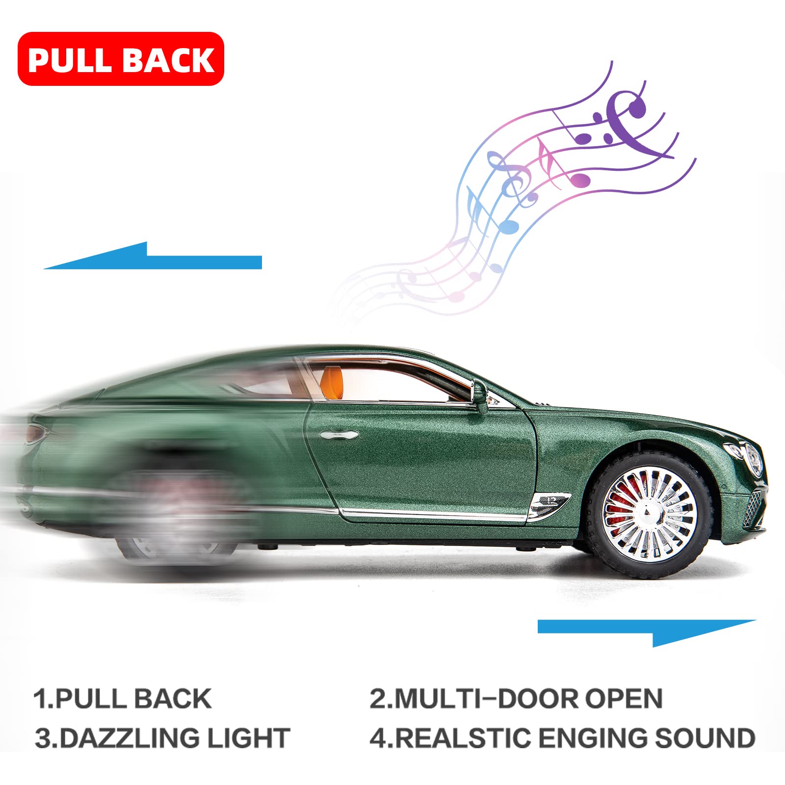 WAKAKAC Toy Car Compatible for 1/24 Bentley Continental GT Model Car Alloy Diecast Collectible Pull Back Car Toy Door Can Be Opened for Boys Girls