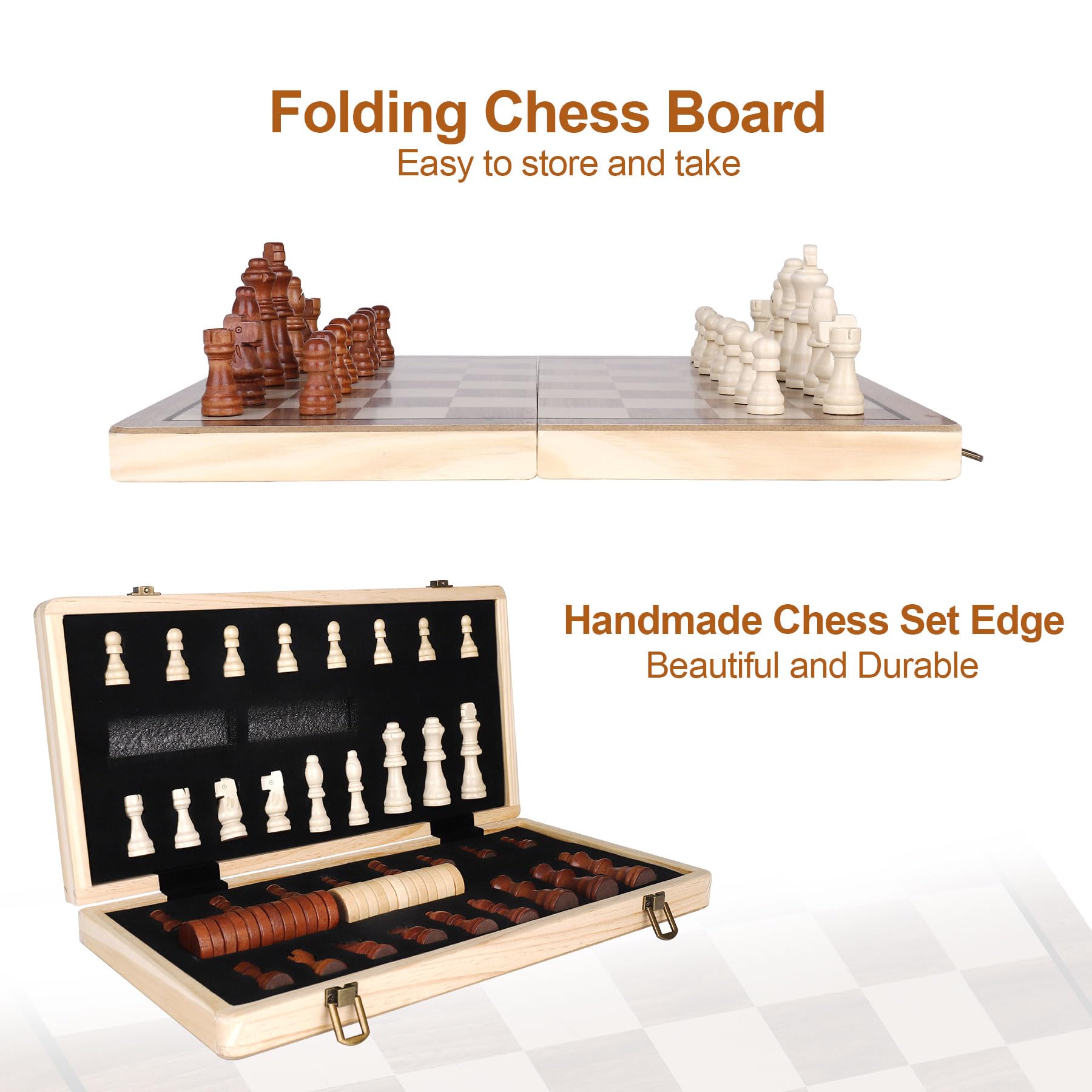 Demiwise 15 Inch Wooden Chess Sets,Chess & Checkers Set with 2 Extra Queens,Foldable Wooden Chess Set Board for Adults,Handmade Portable Chess Board