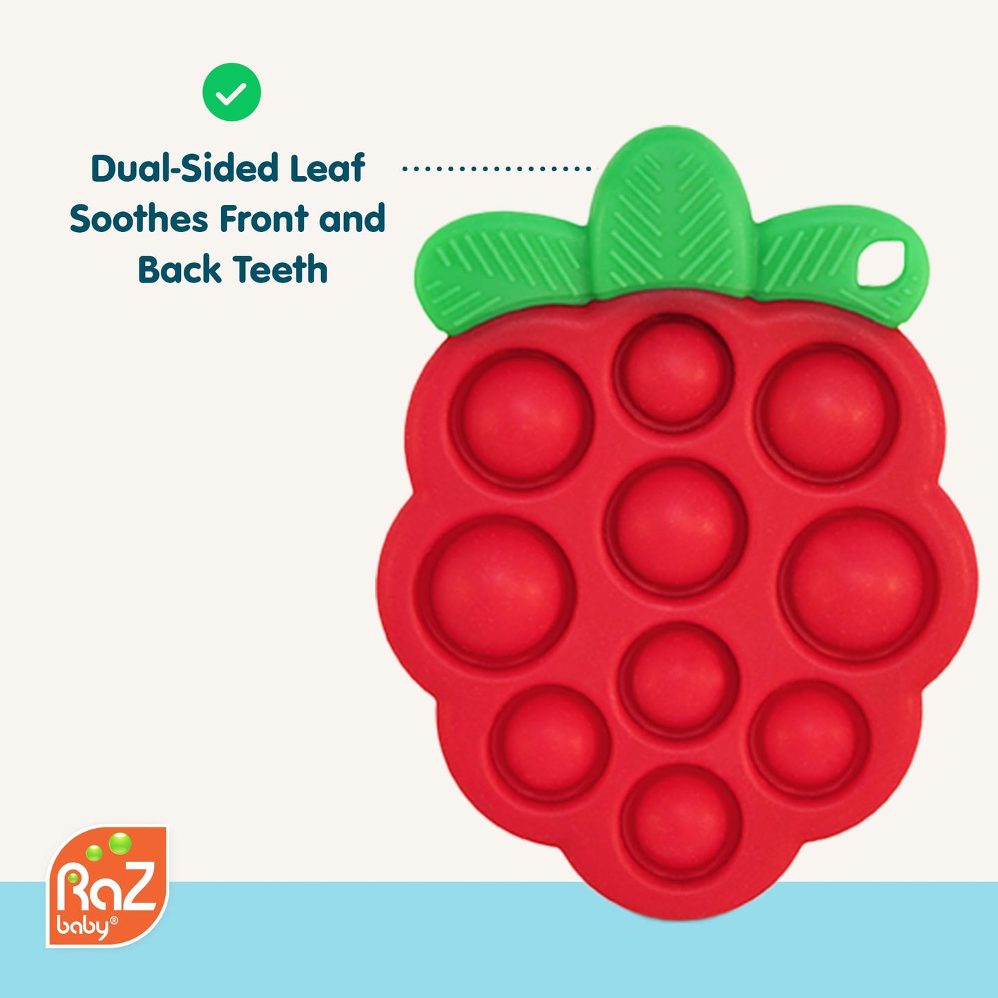 RaZbaby RaZberry Pop Strawberry Teether - Multi-Textured Silicone for Sensory Development & Teething Relief - Easy to Hold for Small Hands - Soft