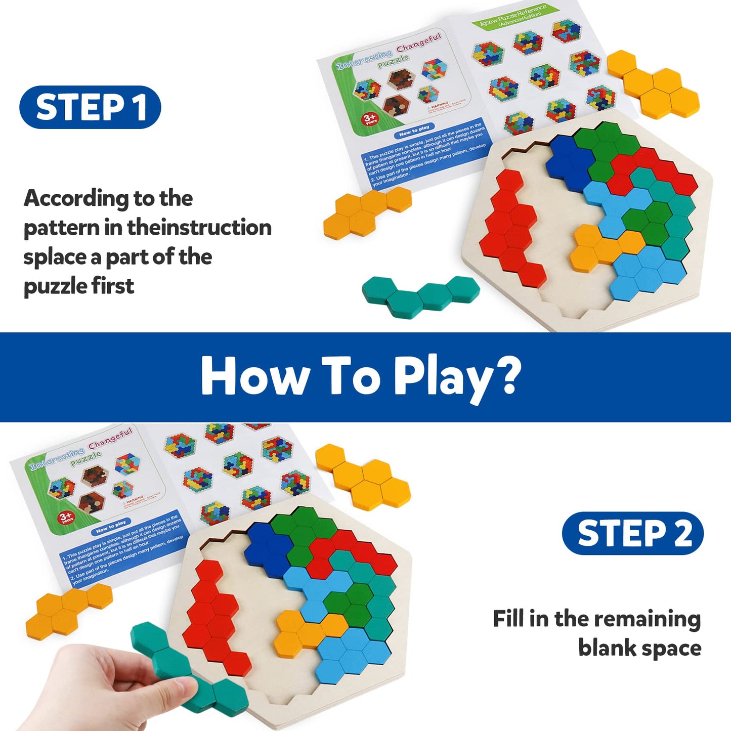 Skrtuan Wooden Blocks Puzzle for Kid Adults Brain Teaser Hexagon Puzzles Games Toy Shape Pattern Block Tangram Geometry Logic IQ STEM Montessori