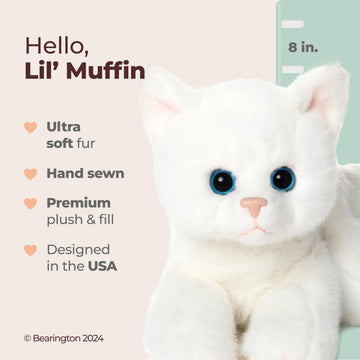Bearington Lil' Muffin White Cat Stuffed Animal - 8" Adorable White Cat Plush Toy with Soft Fur and Lifelike Details - Cute and Cuddly Stuffed Kitten