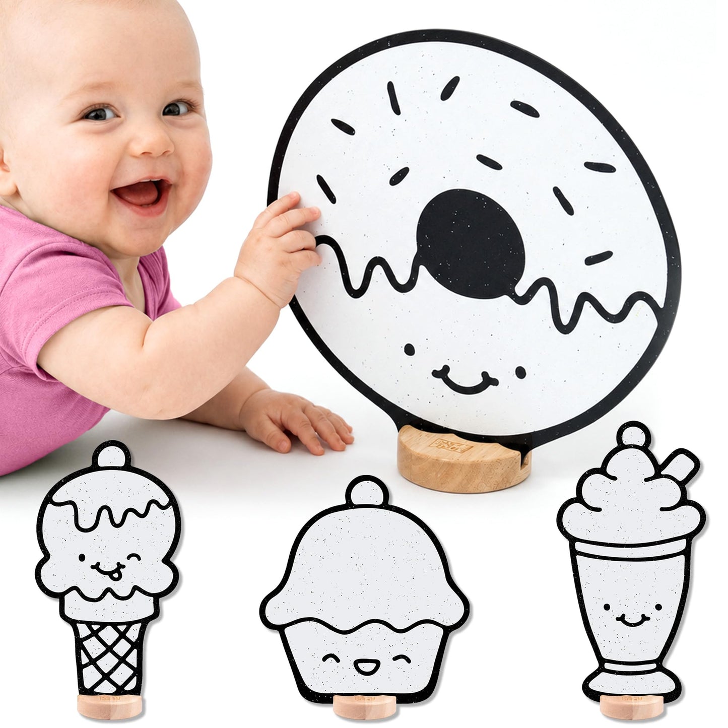 High-Contrast Black & White 3D Kawaii Desserts - Builds Baby Vision Books Can't. Then Toddler Motor Skills for School. Re-Colorable Cupcake