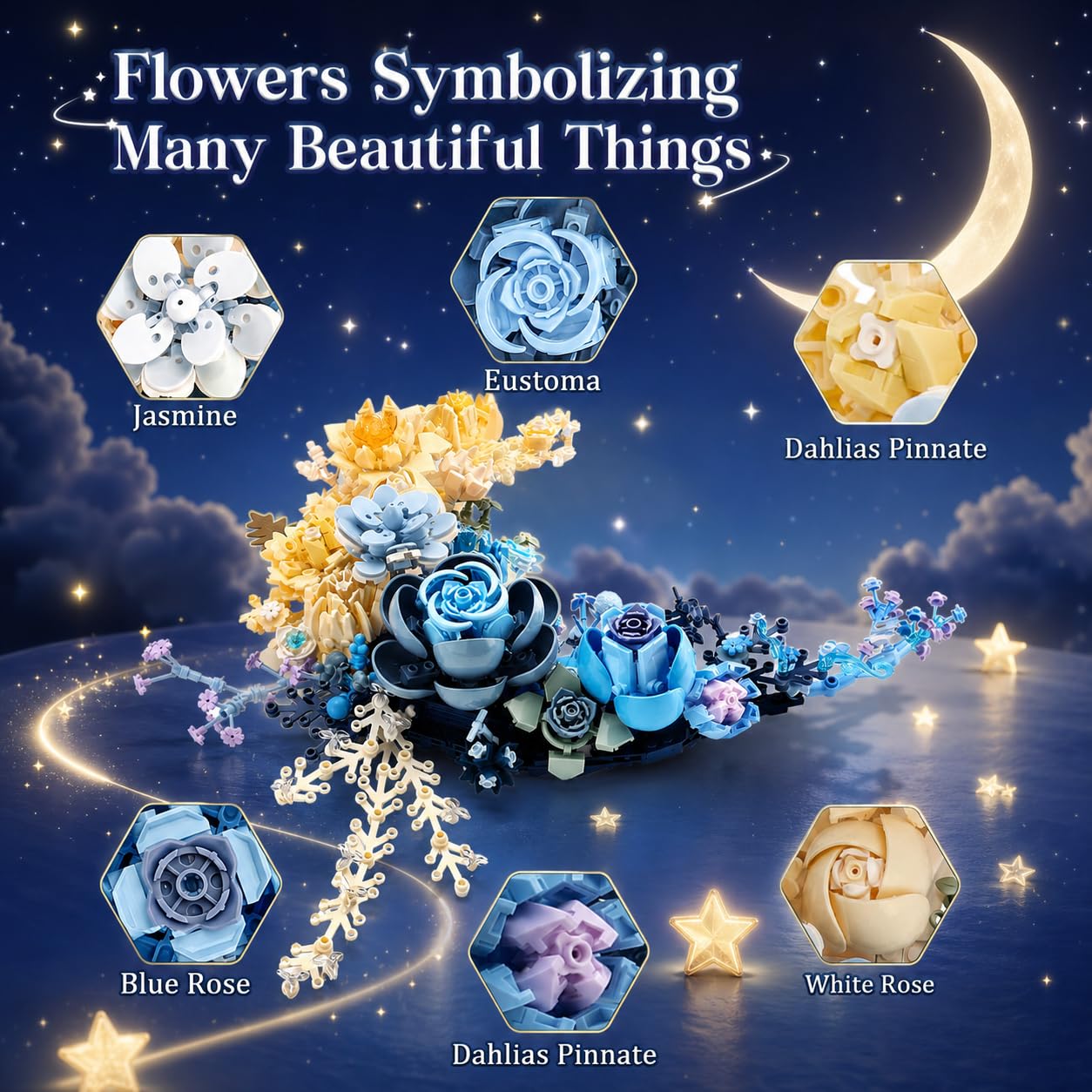 Blue Moon Flower Bouquet Building Set, Compatible with Lego Flowers for Adults, Botanical Collection Artificial Flowers Building Blocks, Décor Wall