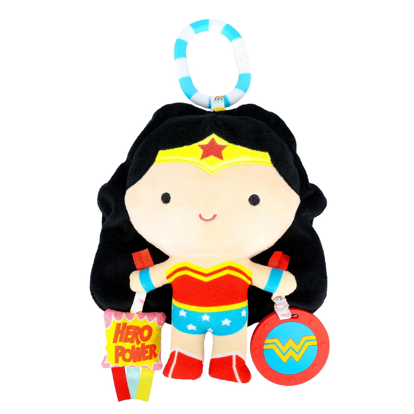 Kids Preferred DC Comics Wonder Woman Multi Sensory Activity Toy with Teethers, Crinkle Textures, and Clip for On The Go Fun for Infant and Baby Boys