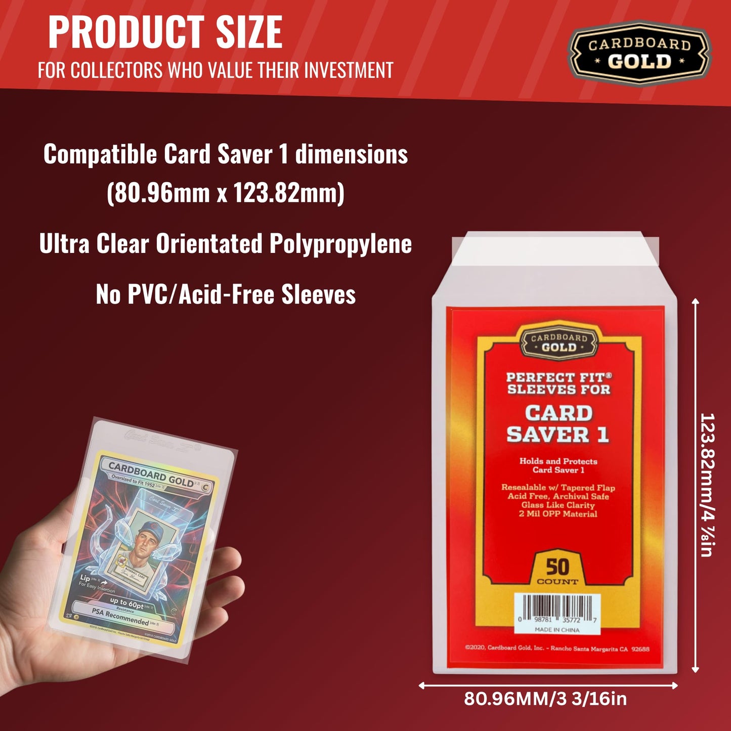Cardboard Gold Card Saver 1 Sleeve -Resealable Perfect Fit Sleeves for Card Saver 1 semi-ridged Holder - Acid-Free Archival Safe - Glass-Like Clarity