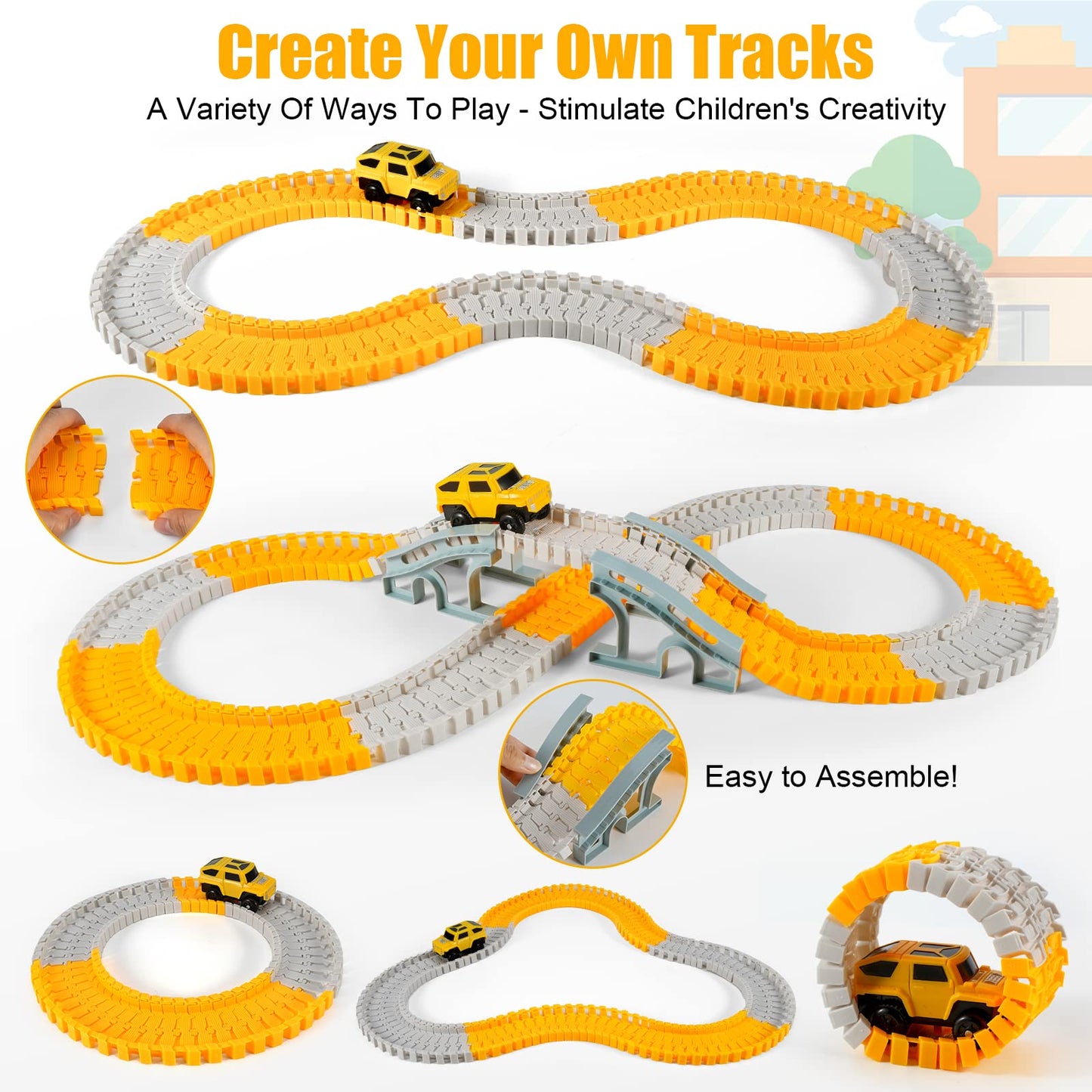 260 PCS Construction Race Tracks for Kids Toys, 2 Racing Cars, 4 Construction Cars, 1 Map & Flexible DIY Track Set, Engineering Toys for 3 4 5 6 Year