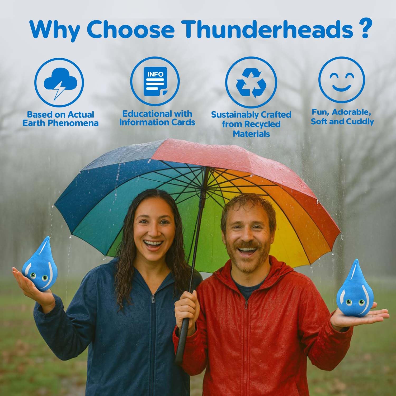 Thunderheads Raindrop Plushie, Nature-Inspired Educational Soft Collectible with Fact Card, Fun STEM Tool for Learning Rain, Weather and Earth