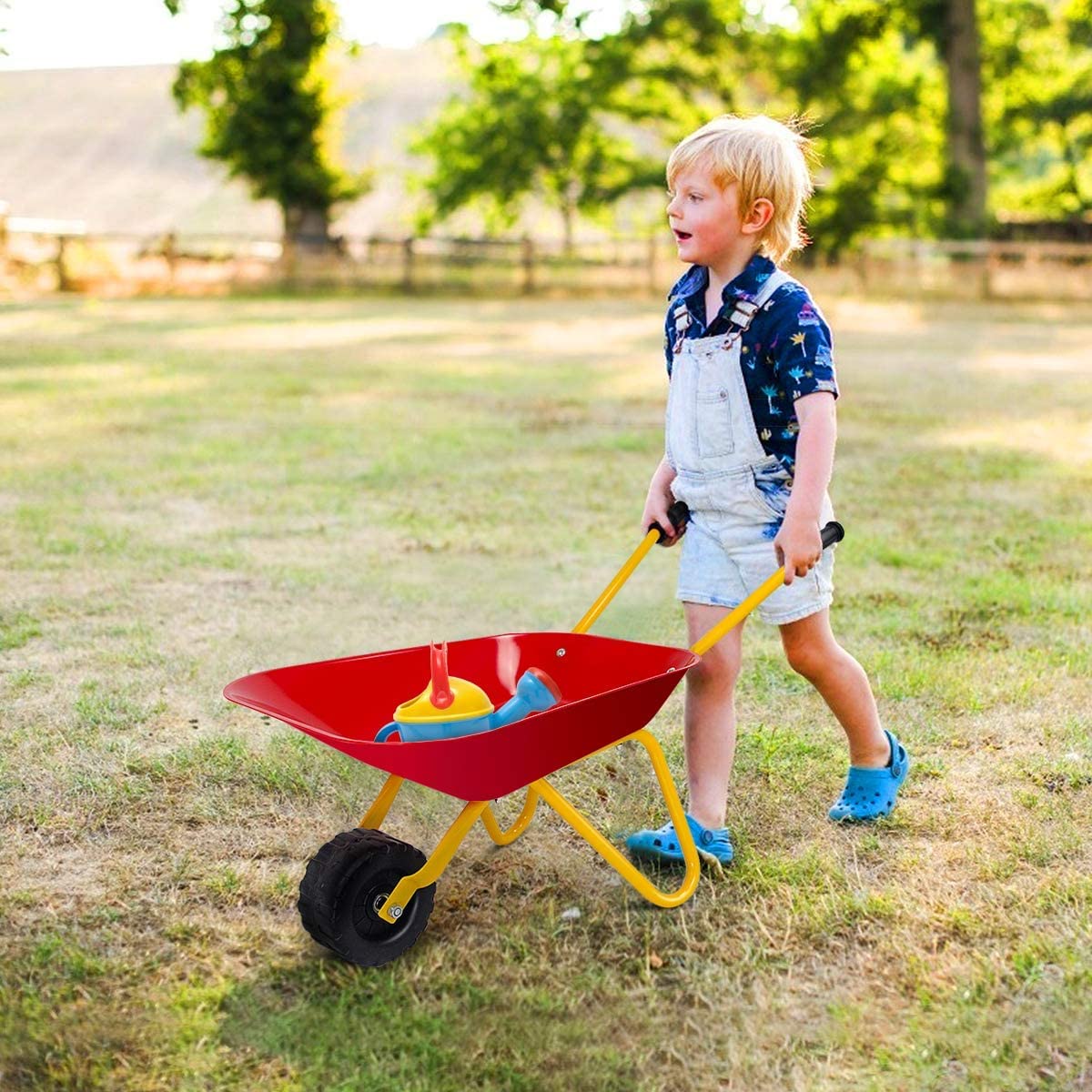 HOMGX Toddler Wheelbarrow, Outdoor Toy Wheelbarrow for Kids 2-5, Steel Tray and Rubber Hand Grips, Durable Metal Construction Childrens Barrow, Kids
